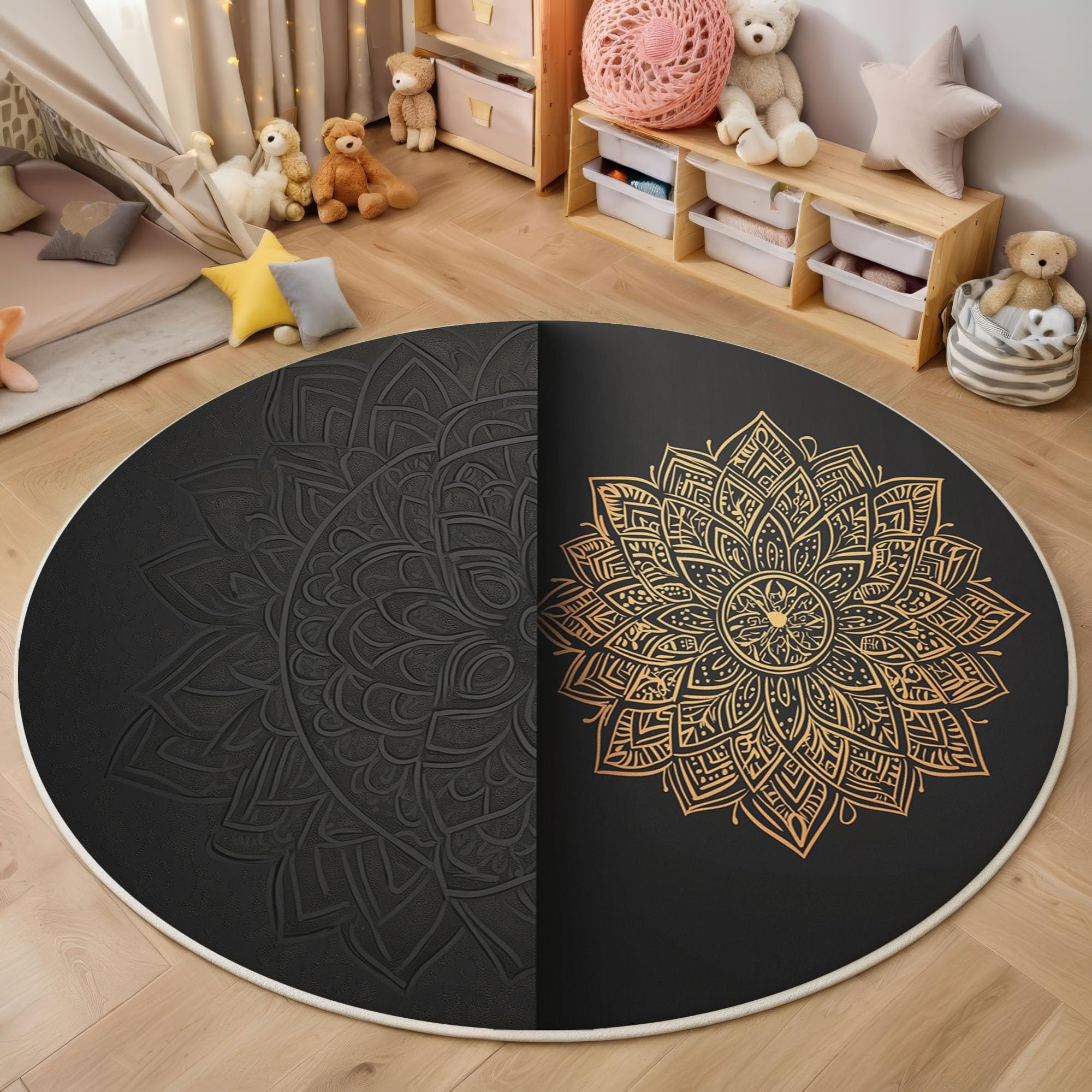 3D-Effekt Teppich Rund, 100cm Kurzflor rutschfest Teppiche Mandala Teppich Runder for Wohnzimmer Schlafzimmer Studie Heimbüro Pflegeleicht, Schwarz