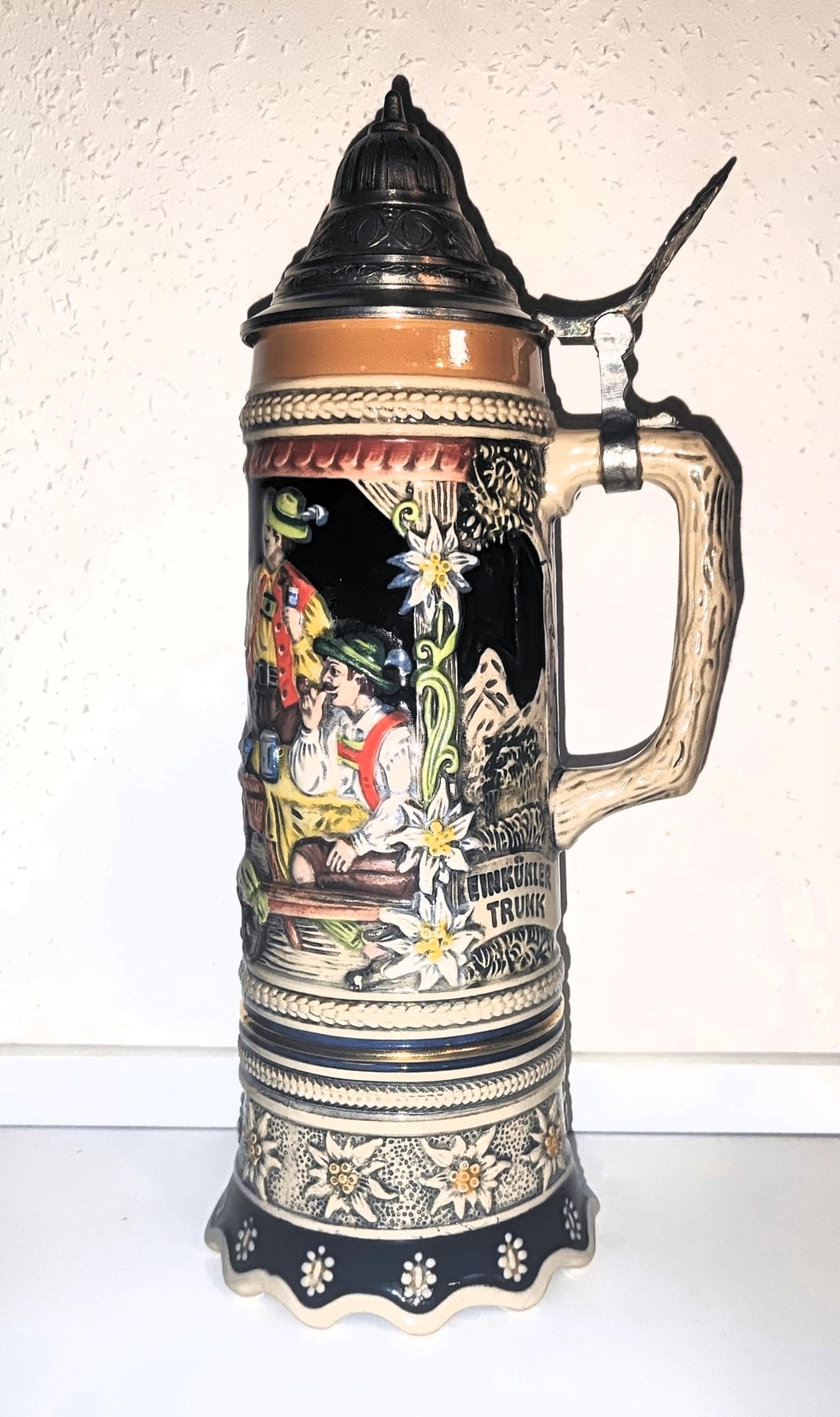 Rahm Sammelkrug/Bierkrug mit Zinndeckel/Steinkrug/Jagdkrug/Höhe ca. 30 cm