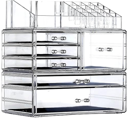Miniatura 7 de Organizador de maquillaje grande transparente y almacenamiento para tocador, vitrinas de cosméticos acrílicos con cajones apilables para mostrador