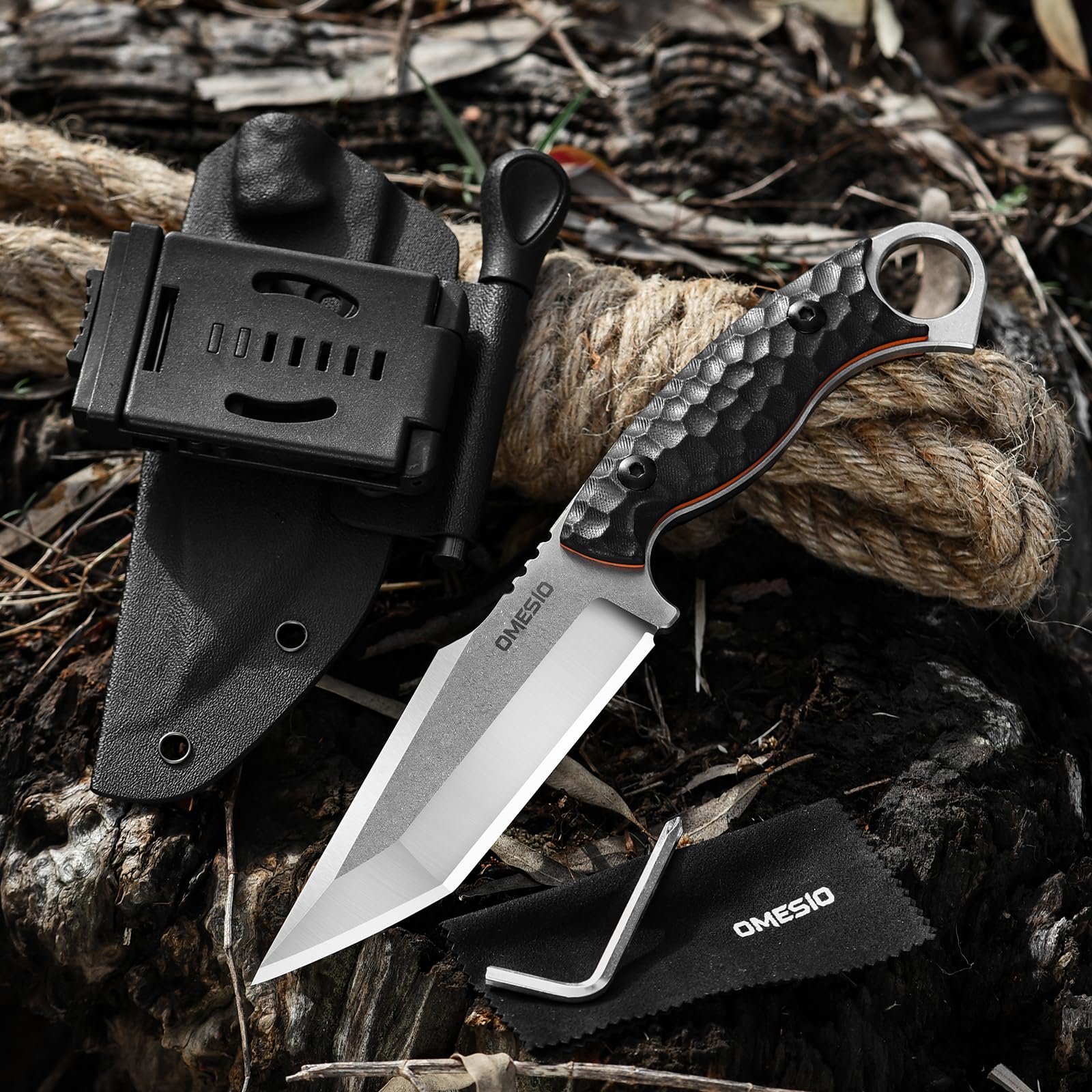 Omesio M-YL21 Tanto Couteau, livré avec étui Kydex et allume-feu, couteau de Survie haut de gamme en acier 420 à soie pleine, longueur de lame 12,6 cm manche G10, adapté à la outdoor et au camping.