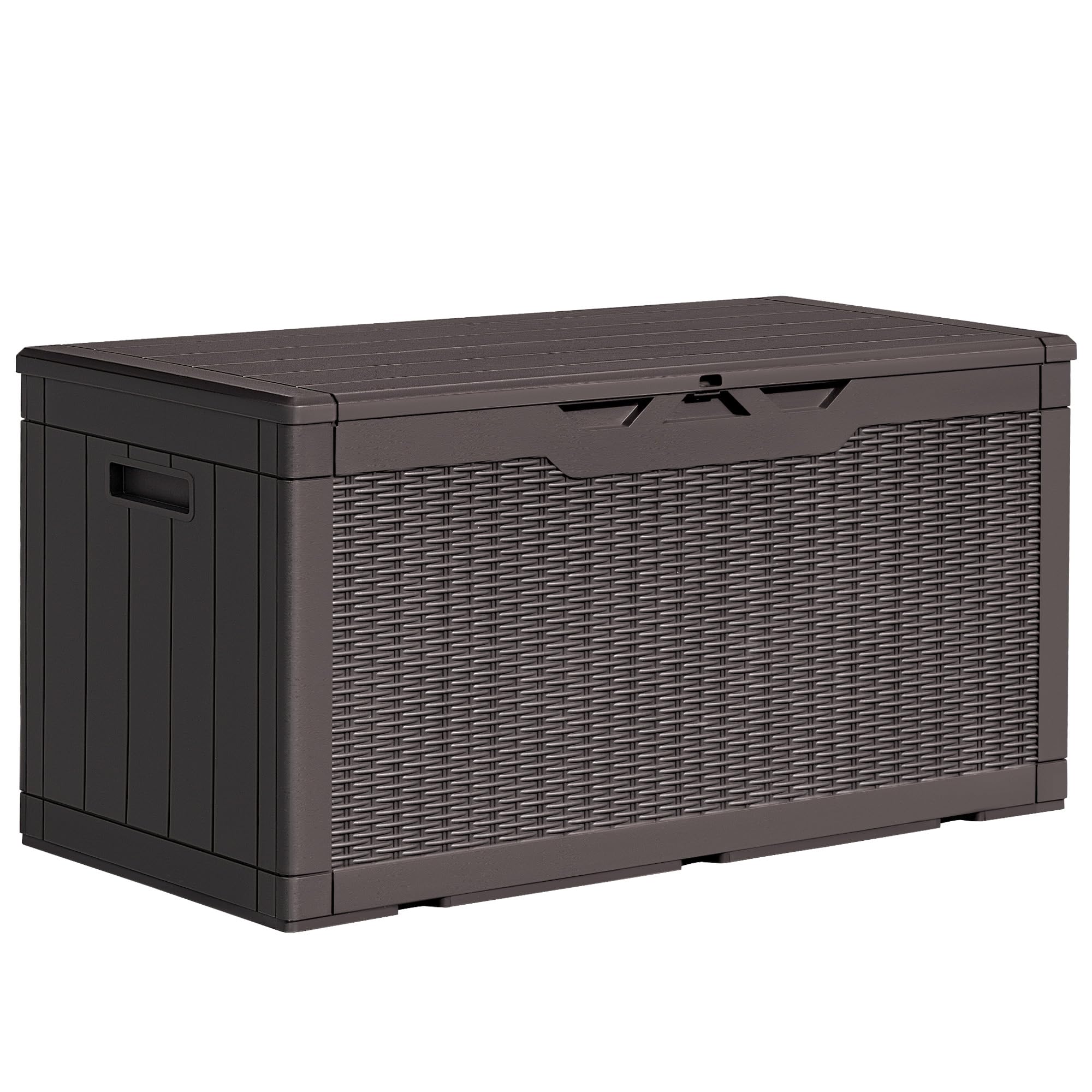 Greesum 100 Gallon Resin Patio Storage Box for Garden Tools, Outdoor Furniture Cushions, Pool Supplies, Dark Brown