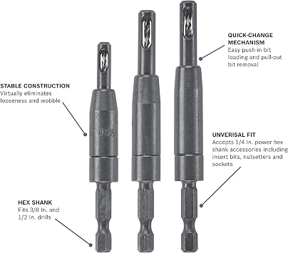 Bosch CC2430 (3-Piece) Clic-Change 1/4in Self-Centering Drill Bit Set | Ideal For Woodworking | Precision Pilot Holes | Fast Accessory Changes | Clean Accurate Starts | Compatible With Hinges
