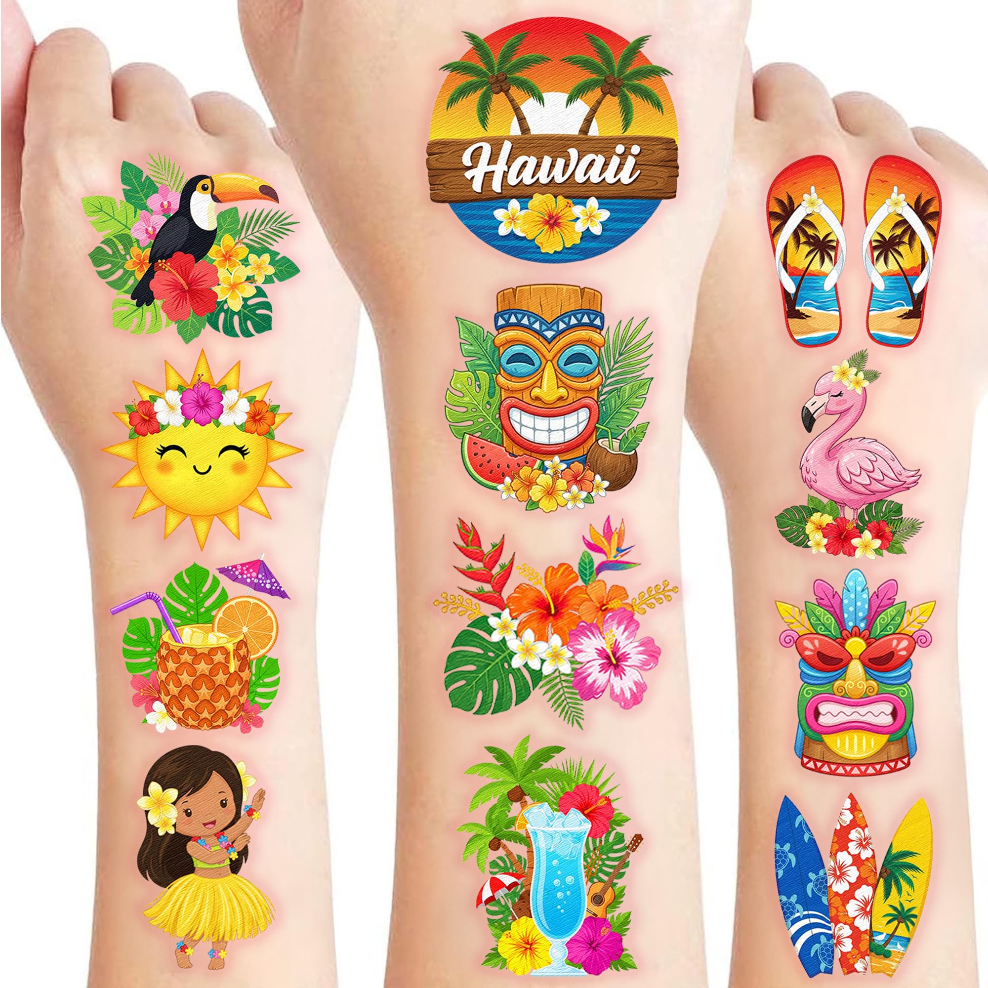 96 PCS Hawaiian Luau Pre-Cut Temporary Tattoos for Kids