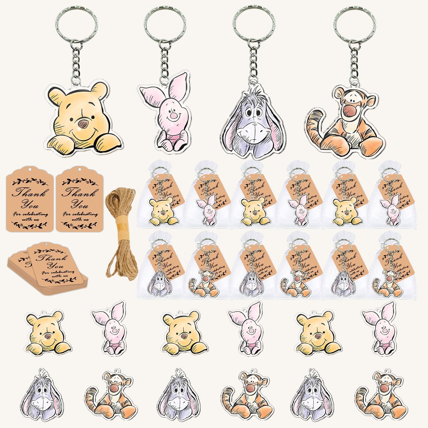 72pcs Winnie Baby Shower Decorations, Thank You Winnie Keychain for Party, 24 Acrylic Keychains, 24 Tags, 24 Gift Bags for Winnie Themed Party