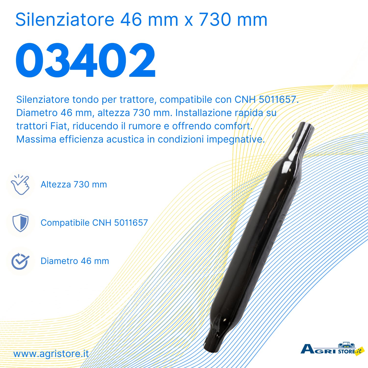 Ama Silenziatore Lungo Tondo per Trattore – Compatibile con Riferimento Originale CNH 5011657, Diametro 46 mm, Altezza 730 mm