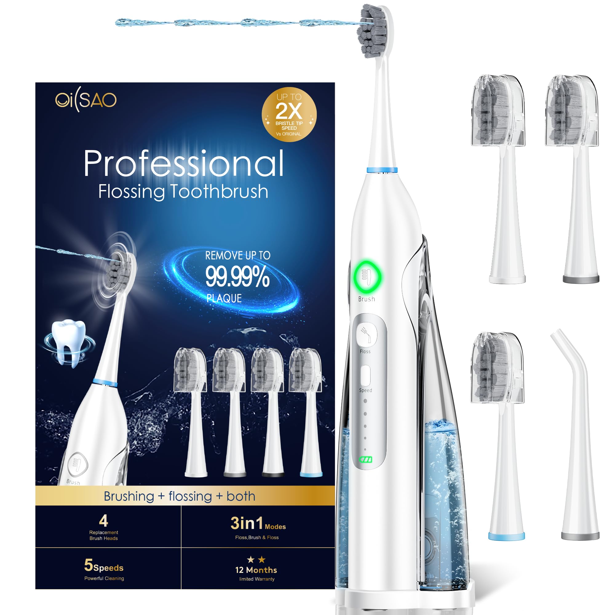 Water Flosser Spazzolino Elettrico Combo, 3 Testine & 1 Jet Tip, 4 Testine