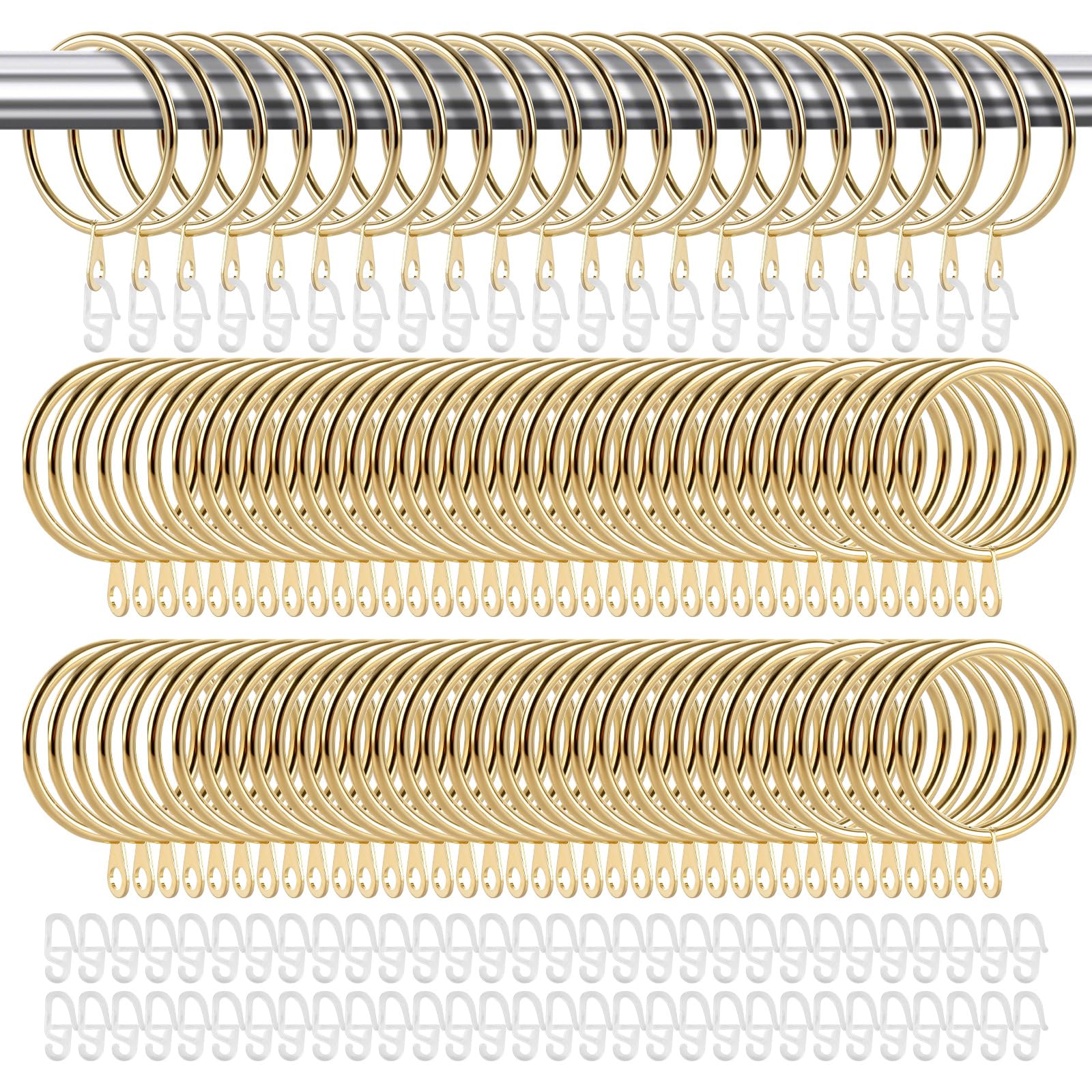 AHAQU 100 Pack Metal Curtain Rings, 38mm Internal Diameter Curtain Pole Rings, Smooth Glider Curtain Rail Hanging Rings, Heavy Duty Drapery Rings with Plastic Hooks- Gold
