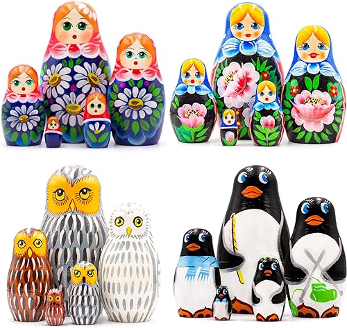 AEVVV Juego de 20 muñecas rusas de anidación - Muñeca rusa con flores de manzanilla - Muñeca Matryoshka con rosas - Muñecas anidadoras de búhos -