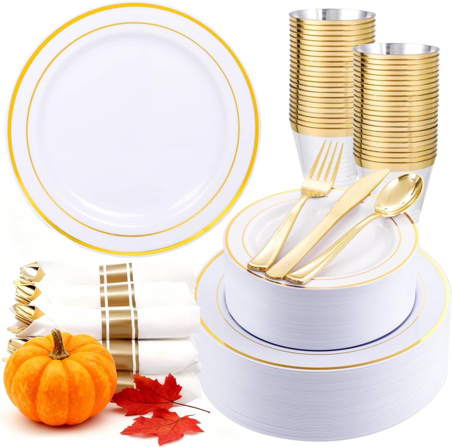 350piece gold dinnerware set for 50 guests - gold plastic plates with disposable cutlery include:50dinner plates-50dessert plates-50pre rolled napkins with silverware for thanksgiving white and gold 350pcs
