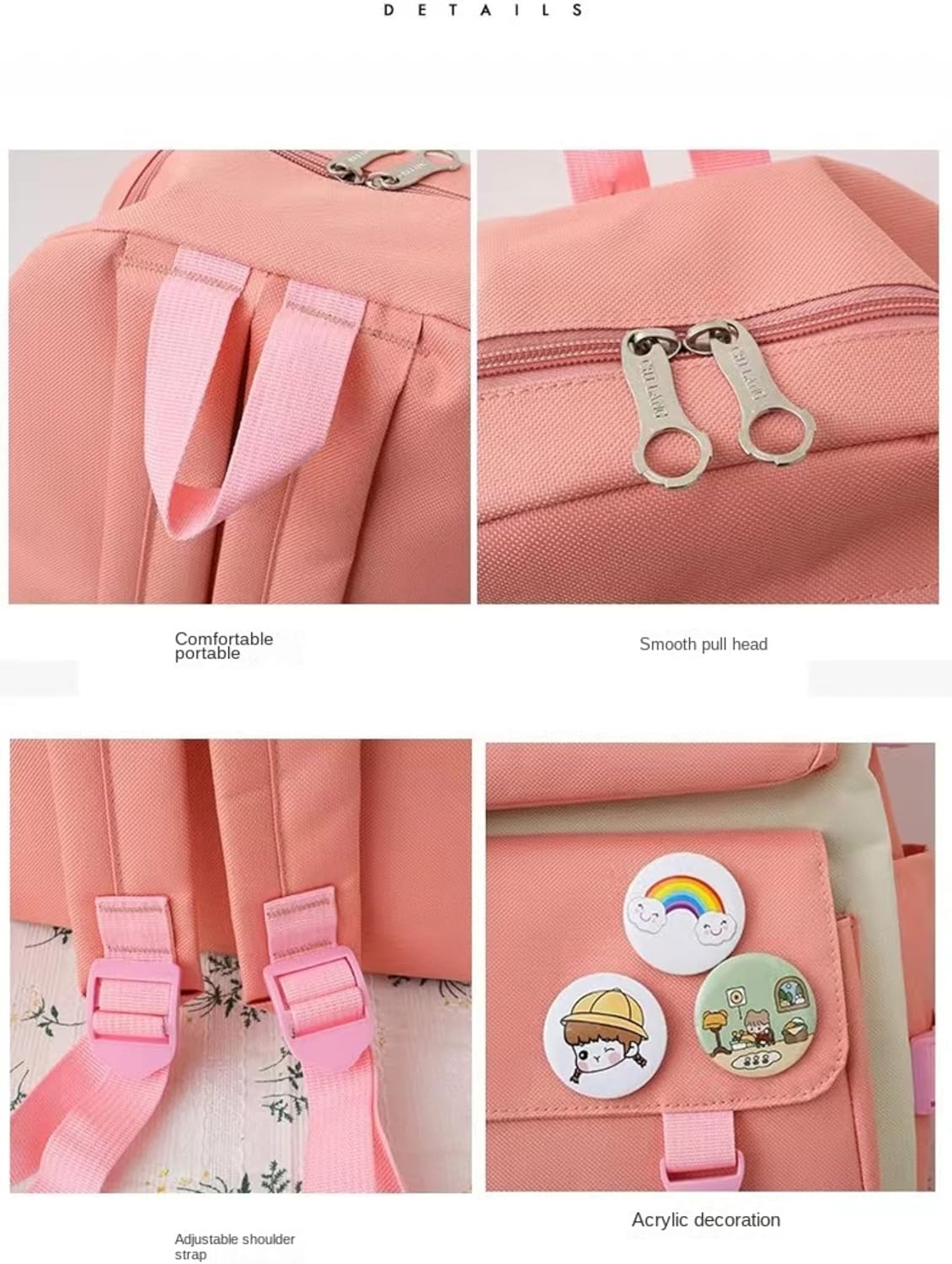 Teslawi kawaii backpack 4Pcs Set Aesthetic backpack 17in backpack,with Kawaii Pendants,Crossbody Bag ,Pencil Case, Handbag (Pink) - Image 6