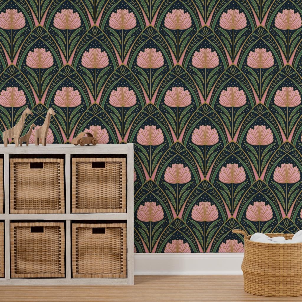 Spoonflower Peel & Stick Wallpaper 3ft x 2ft - Art Deco Peony Dark Blue Pink Green Floral Abstract Botanical Nouveau Custom Removable Wallpaper
