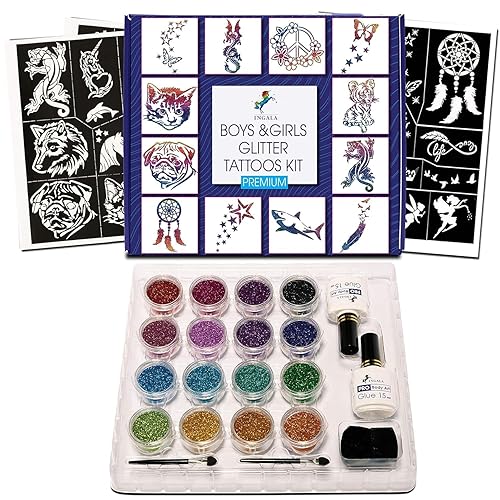 Premium Glitter Temporary Tattoo Kit for Boys and Girls, 74 Stencils, 16 Colors and 2X 0.5 fl.oz Body Glue for Body Glitter Fake Tattoos for Kids