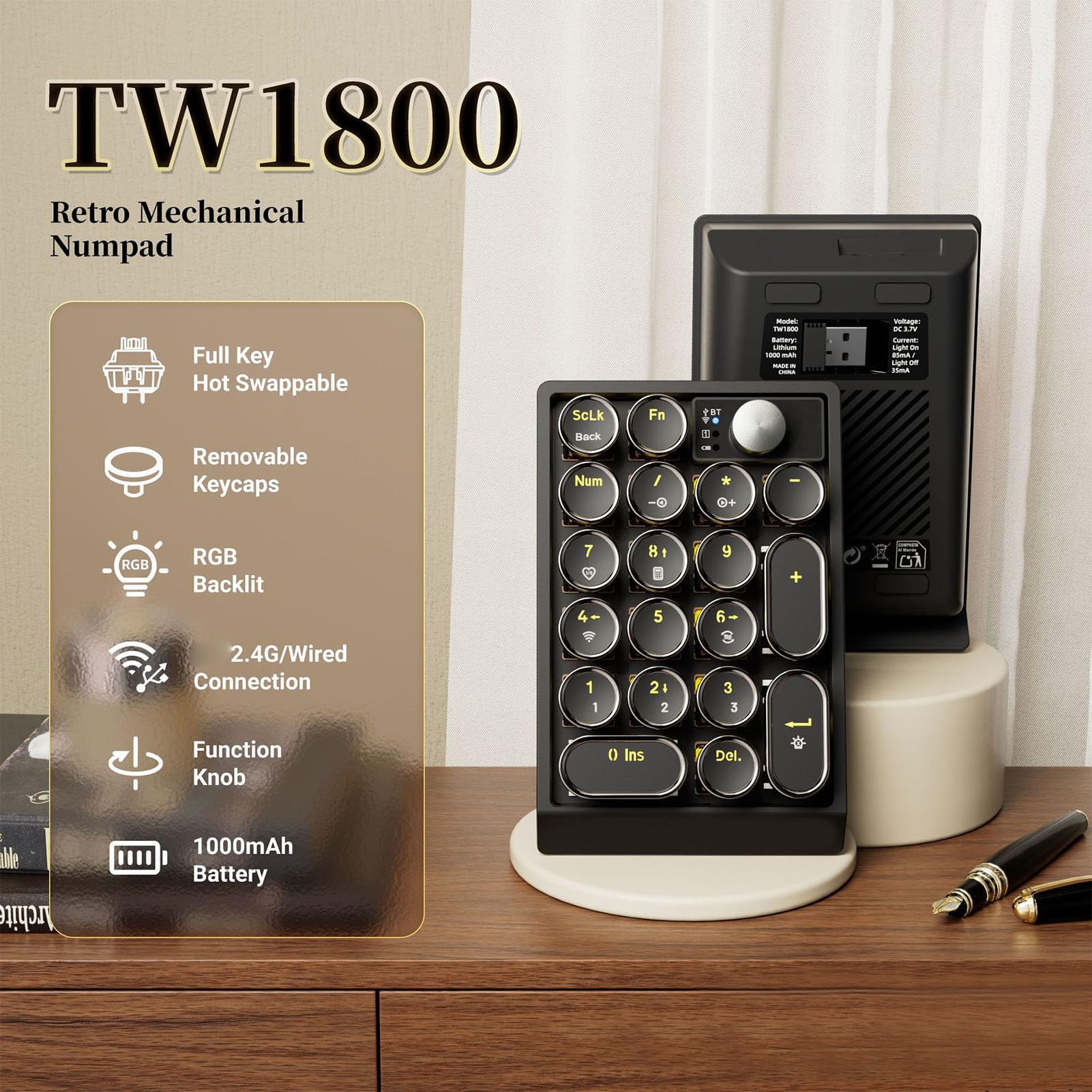 Fabater Tastierino Numerico, Tastierino Numerico Wireless Ricaricabile USB 19 Tasti, Esterno Sottile con Retroilluminazione RGB, Supporto Bluetooth/2.4G/USB C