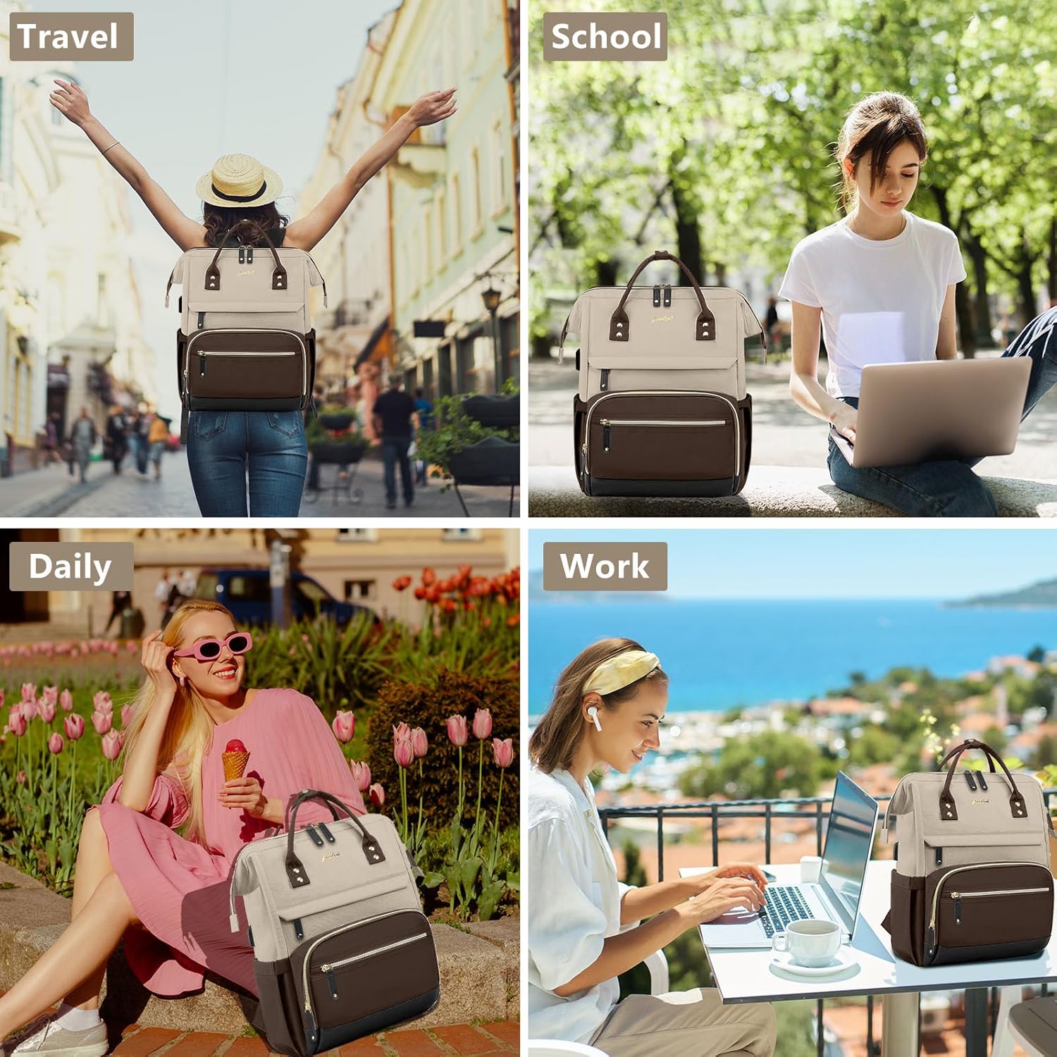 Laptop Backpack Women Work Bag: 15.6 inch Work Bookbag with USB Charging Port Large Travel Backpack Purse for College Nurse Casual Daypack for Teacher Professional Computer Backpack Apricot Coffee - Image 7