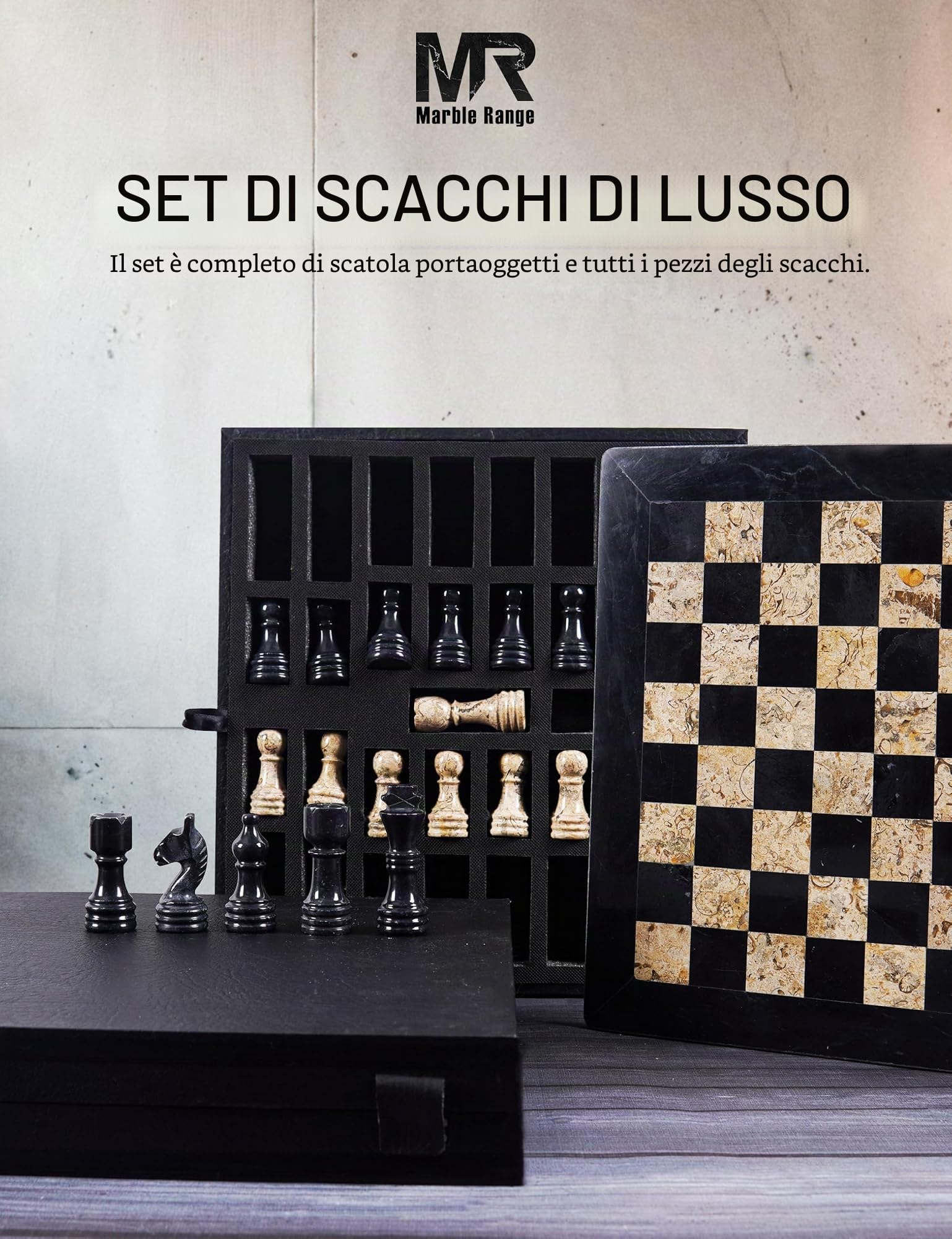 Set di scacchi in marmo per adulti, gioco da tavolo fatto a mano da 12 pollici con 32 pezzi degli scacchi, 2 regine extra e scatola portaoggetti, regalo per la casa (Black & Coral)
