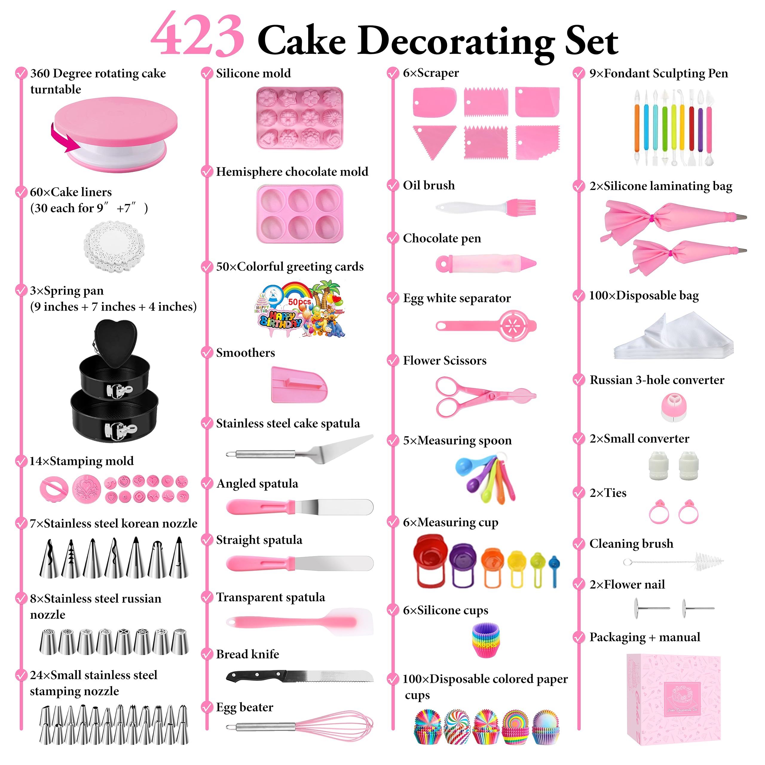 Pasteleria y Reposteria, Plato Giratorio para Tartas, Molde Tarta Desmontable, Boquillas Manga Pastelera, Kit Reposteria, Decoración de Pasteles (423Pcs)