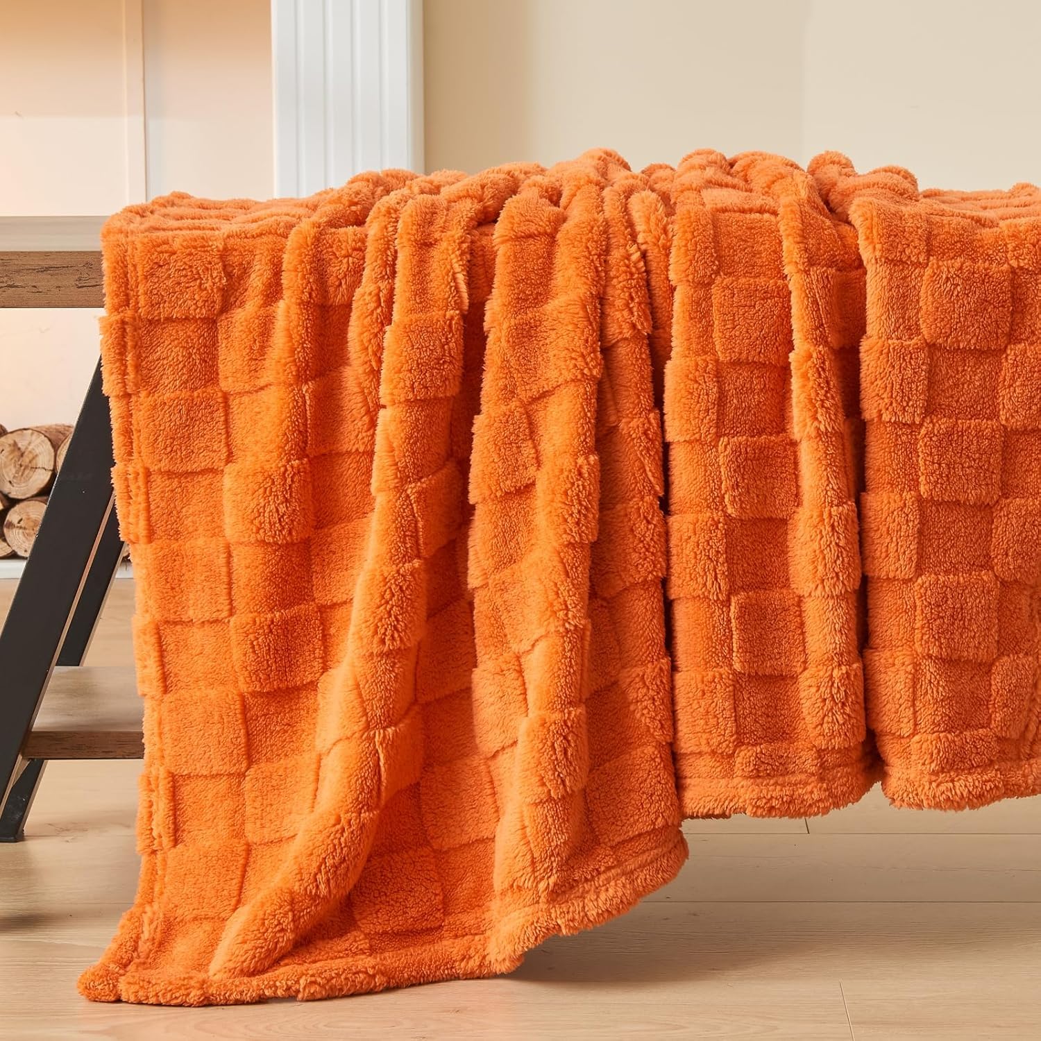 NEWCOSPLAY Super Soft Throw Blanket Orange Premium Silky Flannel Fleece 3D Checkered Lightweight Bed Blanket All Season Use (Orange Checkered, Throw(50"x70")) - Image 9