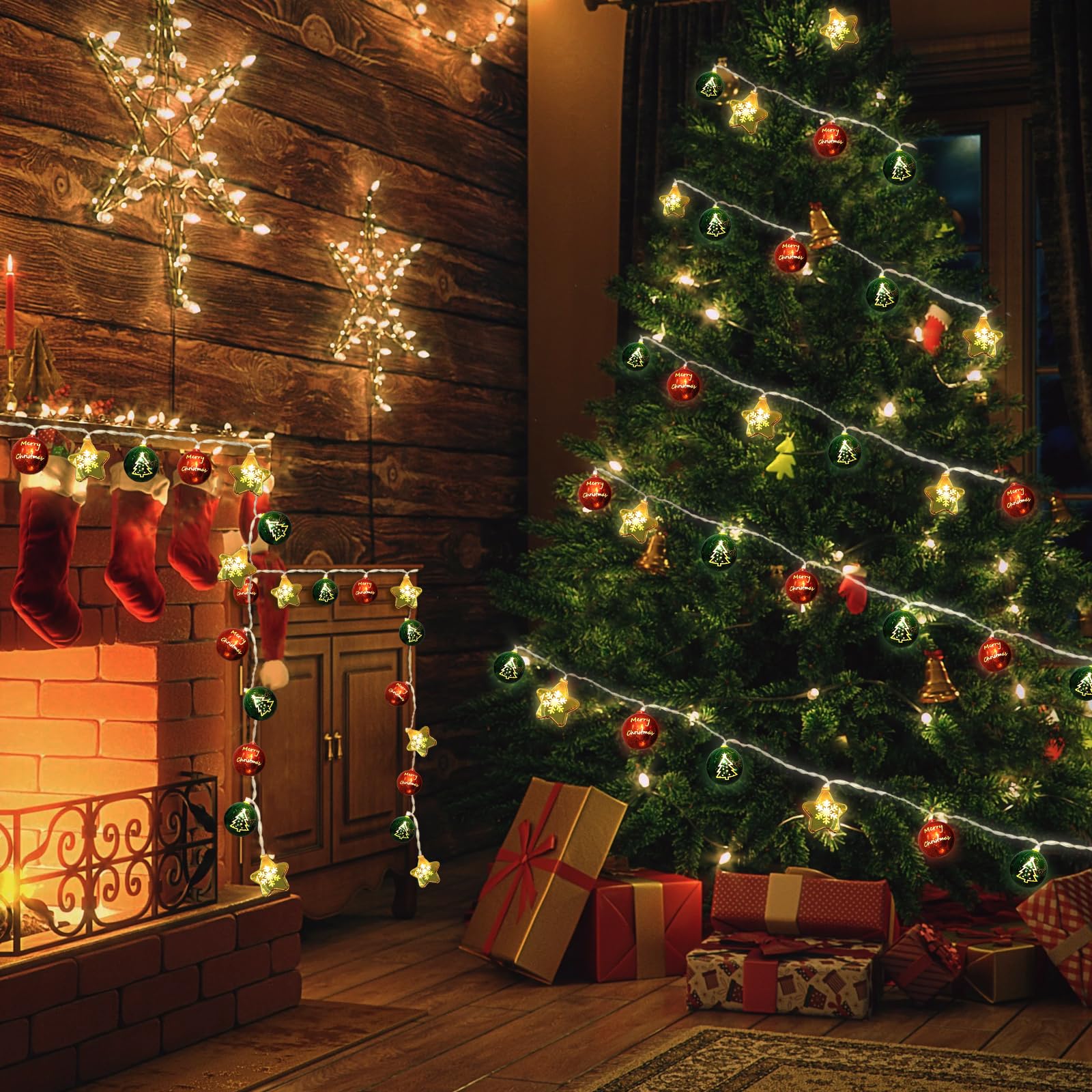 Lumières décoratives de Noël de 4,1 m, 20 DEL à piles avec minuterie et 8 modes, boules de Noël et étoiles décoratives pour sapin de Noël, couronne, fenêtre, mur, maison, jardin, extérieur et