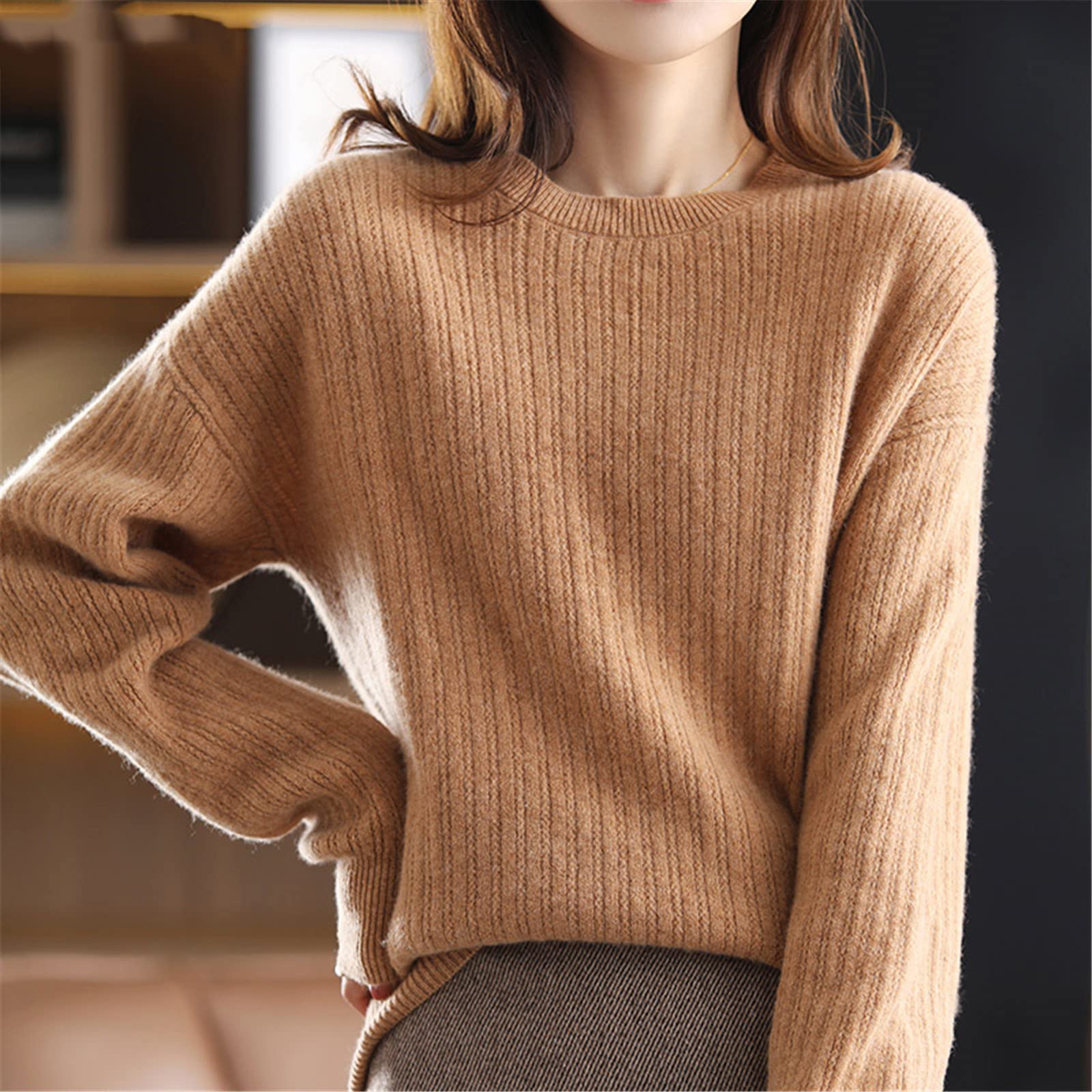 Kelsiop Suéter de cachemira 100% lana merino para mujer, cuello redondo, suéter de punto casual, chaqueta de otoño e invierno