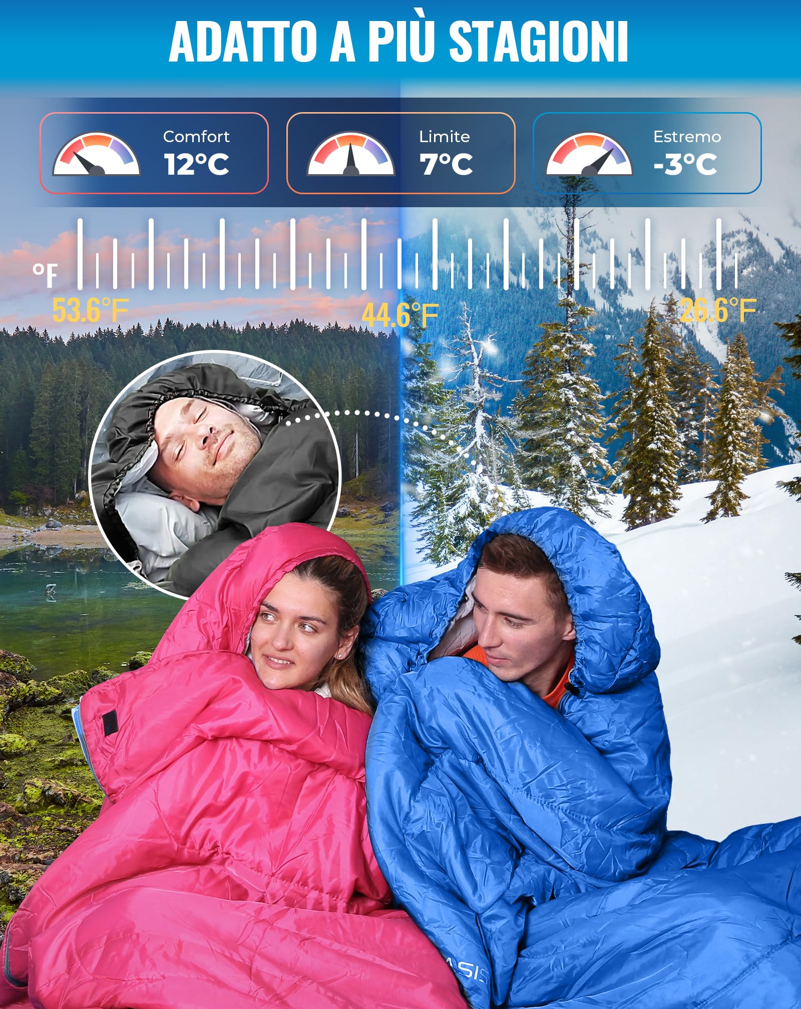 KingCamp Sacco a Pelo Oasis 3-4 Stagioni Impermeabile e Leggero per Camping (Bambini e Adulti) - Collegabile Sinistra/Destra per Doppio, Ideale per Viaggi e Attività Outdoor - 4