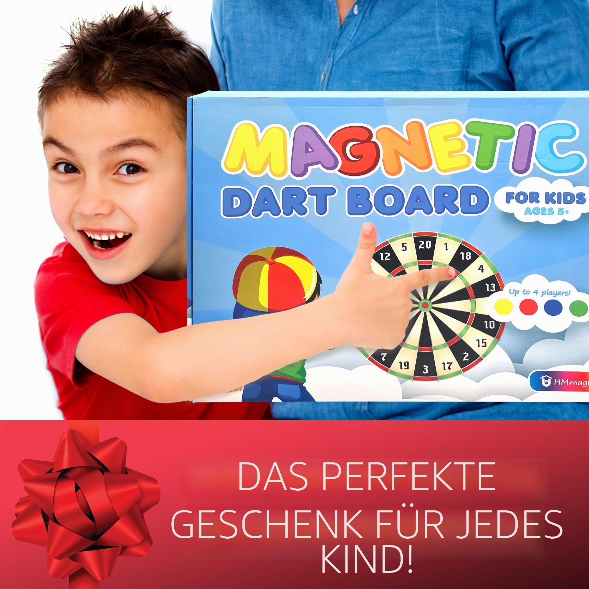 HMmagnets Große und sichere magnetische Dartscheibe (Holzrahmen) für Kinder und Erwachsene – lustiges Spiel für bis zu 4 Spieler – inklusive 12 bunten Dartpfeilen + trocken abwischbaren Punktebrett (2