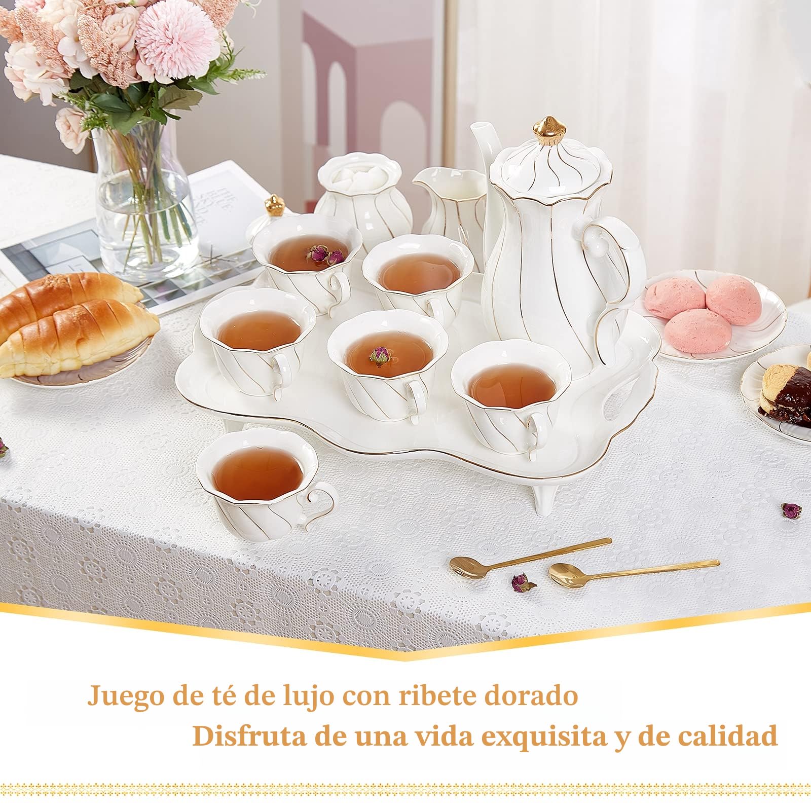 DUJUST Juego de 14 piezas de té con bandeja de té y cucharas, juego de tazas de té y café con diseño de diamante moderno con adornos dorados, decoración de sala de estar de porcelana