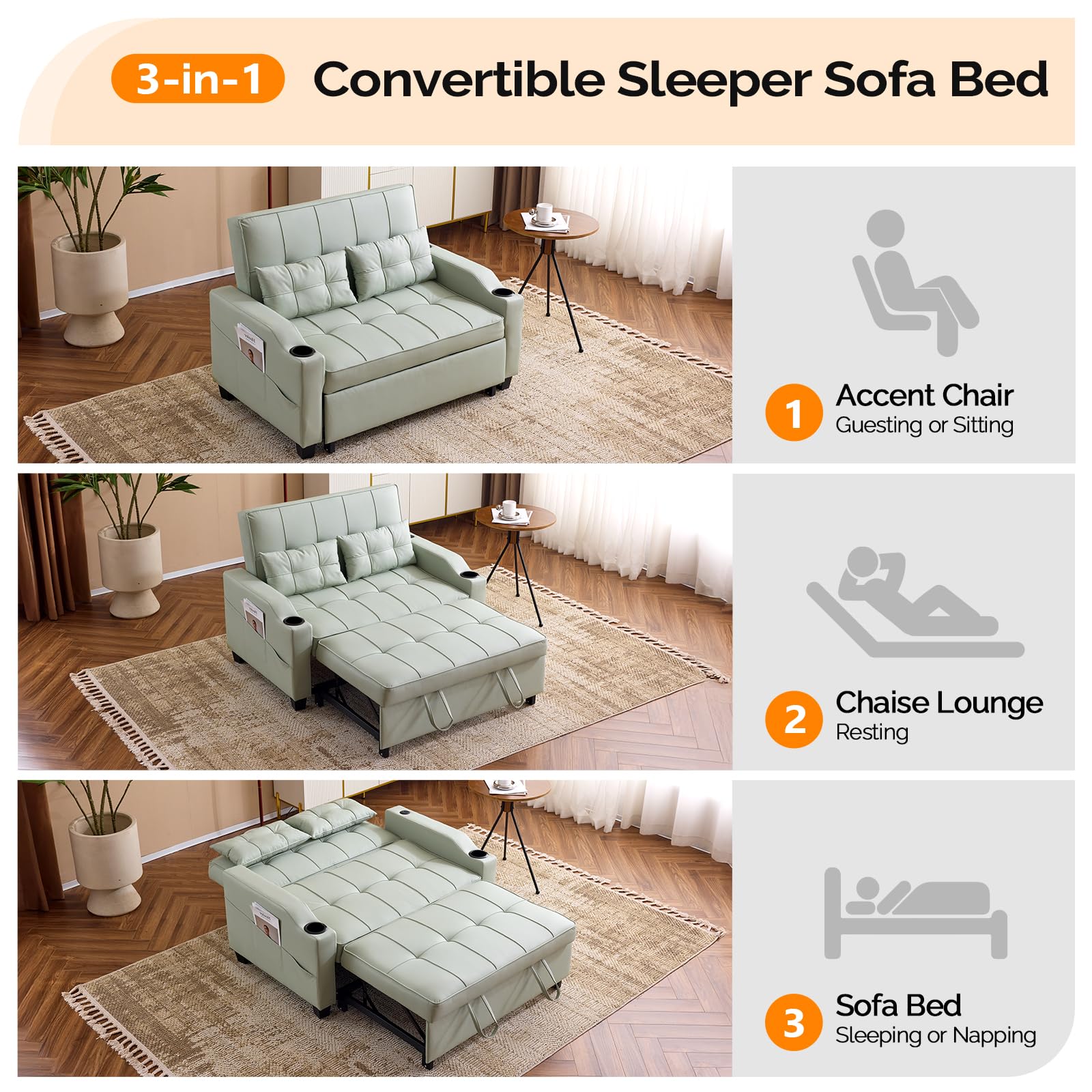 VINGLI Green Futon Sofa Bed Convertible Loveseat Sleeper Couch, Faux Leather Pullout Sofa Fold Out Couch Bed with USB Ports, Cup Holders, Armrest for Living Room, Bedroom Apartment Room