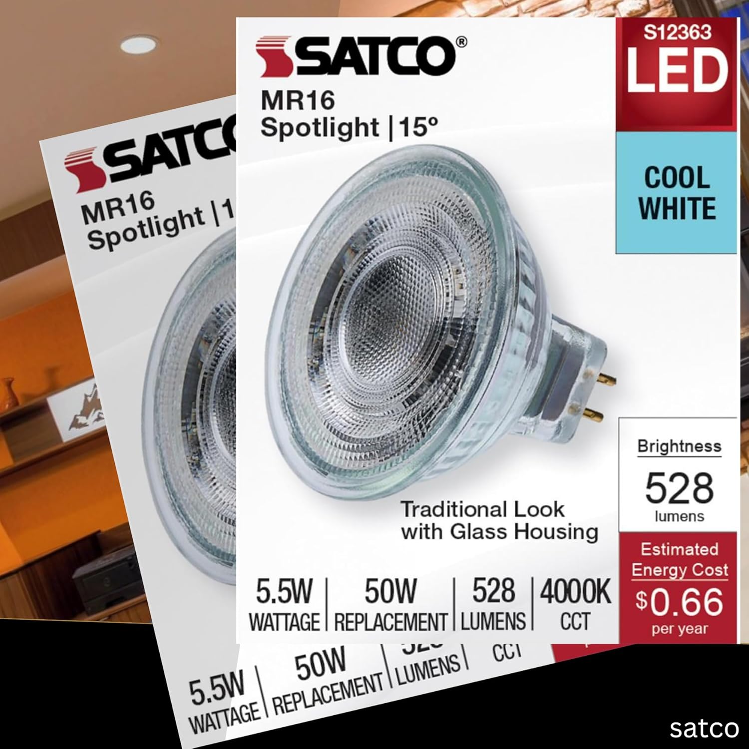 Satco LED MR16 Spotlight 5.5W 50W Equivalent 4000K Cool White 90+ CRI 15° Beam GU5.3 Bi-Pin Base 12V Dimmable Clear Finish – Part S12363 (12 Pack)