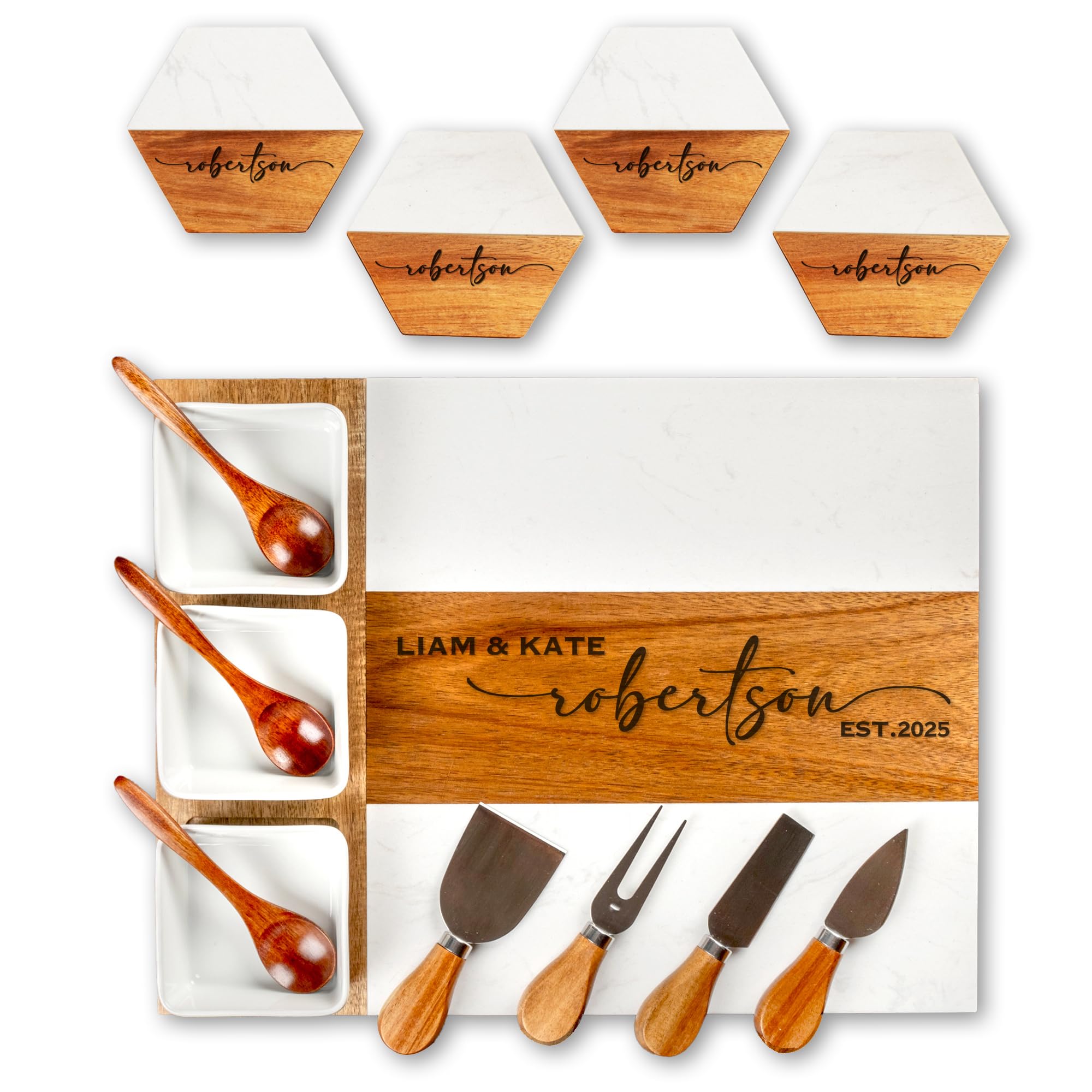 Personalized Charcuterie Board - Custom Engraved Wooden Marble Cheese Boards for Bridal Shower, Wedding, Housewarming, Christmas, Birthday for Couples