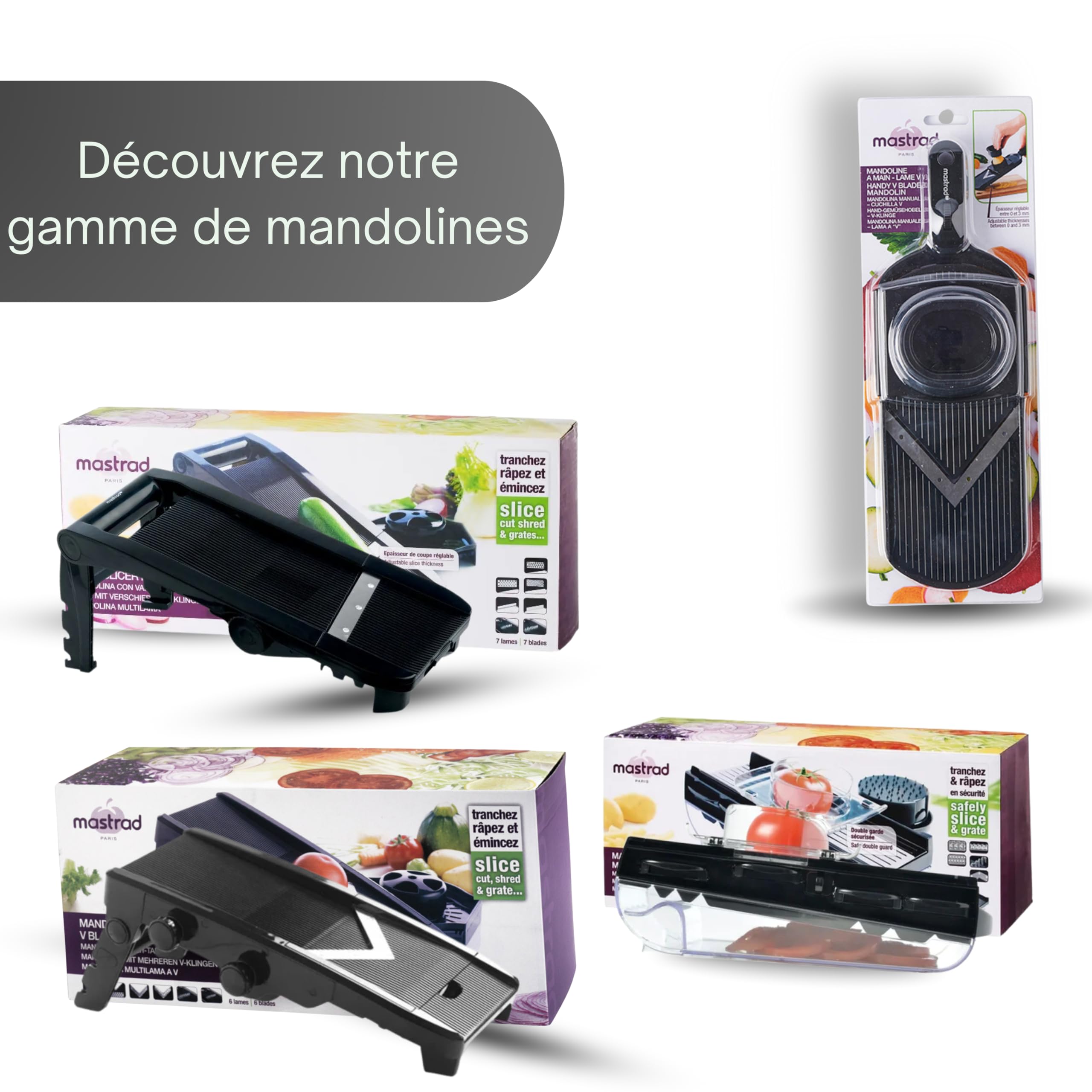Mastrad - Mandoline Multi-Lames en V – Coupe-Légumes 6 Lames Inox – Épaisseur Réglable 1 à 9 mm – Trancheur, Râpe, Coupe Frites – Garde de Sécurité