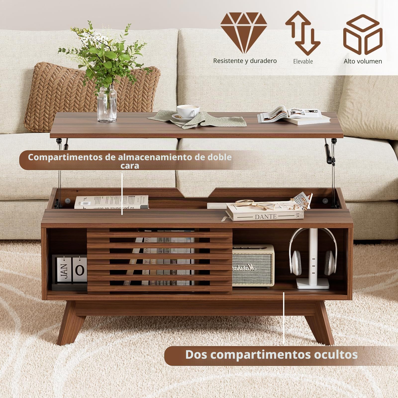 MSFE Mesa Centro Elevable, Mesa Elevable con Espacio de Almacenamiento y Extensión, Mesas de Café para Salón, Retro Medieval Mesas, Marrón Vintag