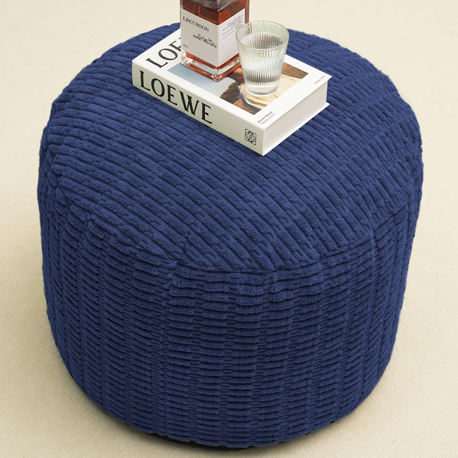 Round Stuffed Pouf Ottoman for Foot Rest, Storage Ottoman Pouf Foot Stool Cushion, Faux Fur Poufs with Foam Chunk Filling, 26 X 18 Inch Floor Chair for Living Room Bedroom Home Decor, Navy Blue