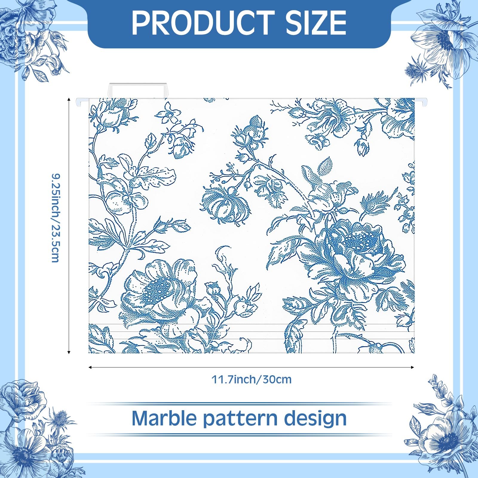Qeeenar 20 carpetas decorativas florales azules para colgar, tamaño carta, lindas carpetas de archivos florales de diseño, organizador de archivos para archivador, oficina, hogar, con pestañas