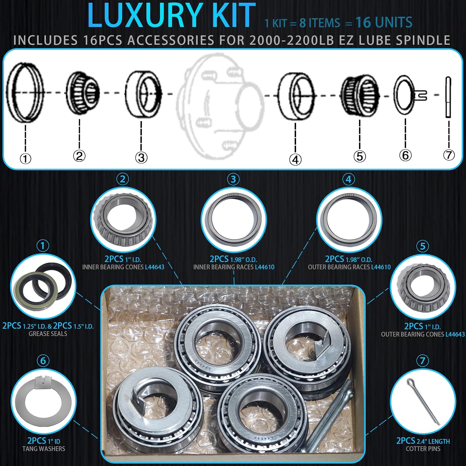 iBroPrat 2Sets L44643 / L44610 Bearing Kits, 2000-2200LB Boat Trailer Axle Bearing Kit for 1'' BT8 Wheel Hub Spindle has D Shape Groove with 1.25" I.D and 1.5" I.D Grease Seal, Tang Washer Cotter Pin