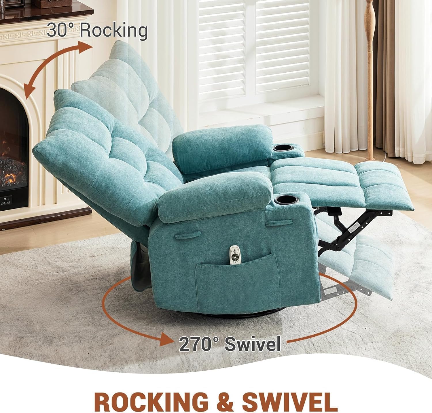 IDEALHOUSE Recliner Chair with Massage and Heat, Swivel Rocker Recliner Chair with Side Pocket, Cup Holders, Ergonomic Rocking Sofa for Living Room, Bedroom, Light Blue