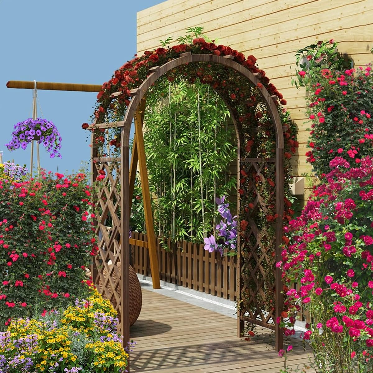 Drewniana pergola do użytku na zewnątrz, łuk ogrodowy, altana, na imprezy, ceremonie, wesela, krata, łuk różany do roślin pnących, drewno jodłowe, odporna na warunki atmosferyczne (szer. x wys.) 119,4
