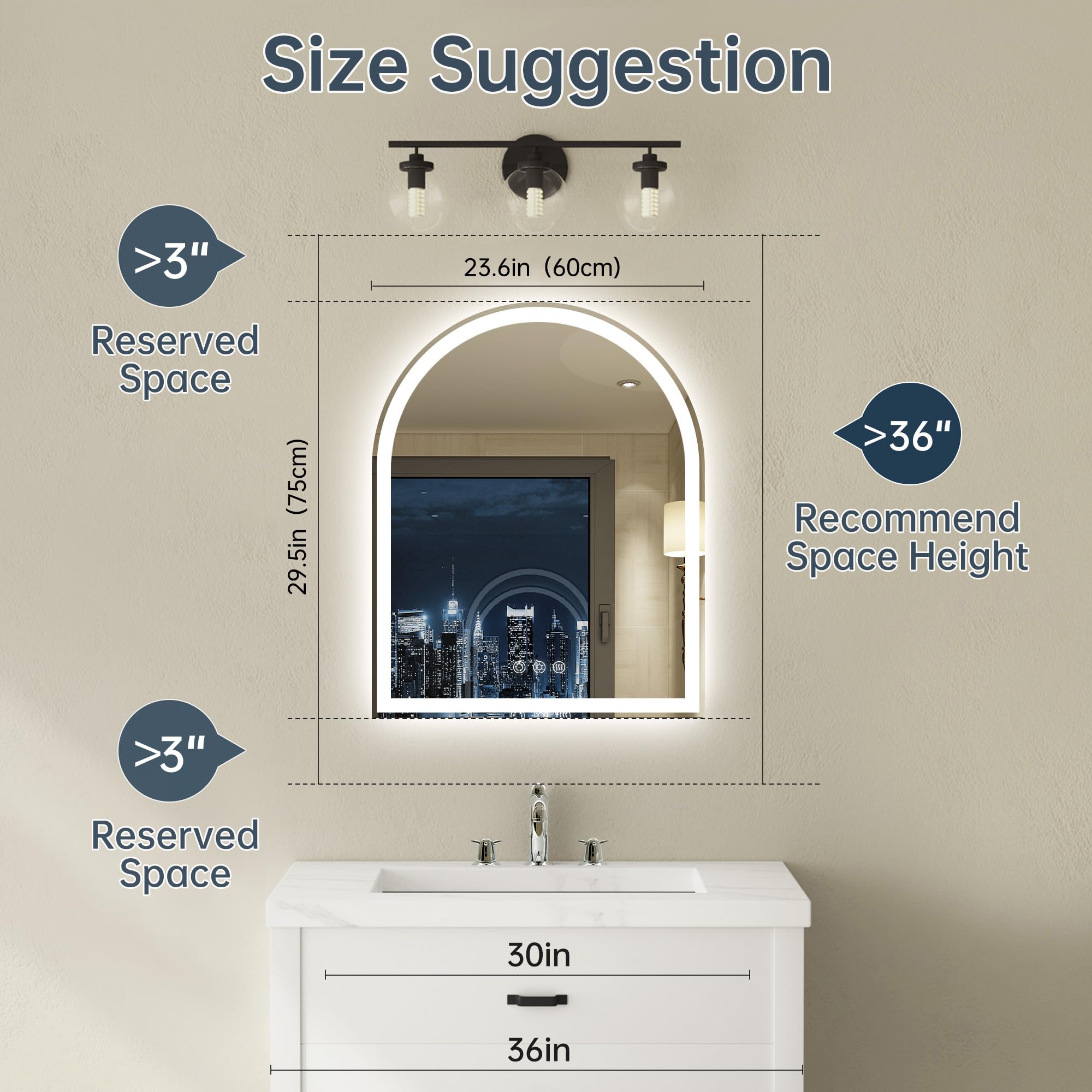 BesMirror Arched LED Mirror for Bathroom 24 x 30 Inch, Anti-Fog LED Bathroom Mirror with Lights, Dimmable, 3 Colors