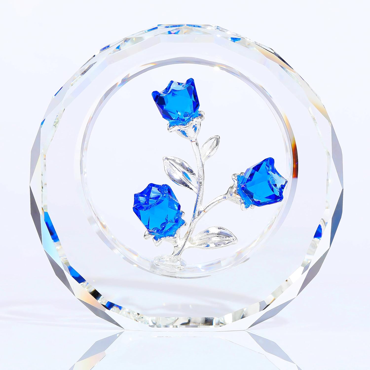 Blue Rose Flower Crystal Figurine with Vase - Bouquet Flowers Ornament Gifts for Wife Girlfriend Women - Handmade Crystal Flower Collectible Home Table Decor for Valentine's Day Wedding Anniversary