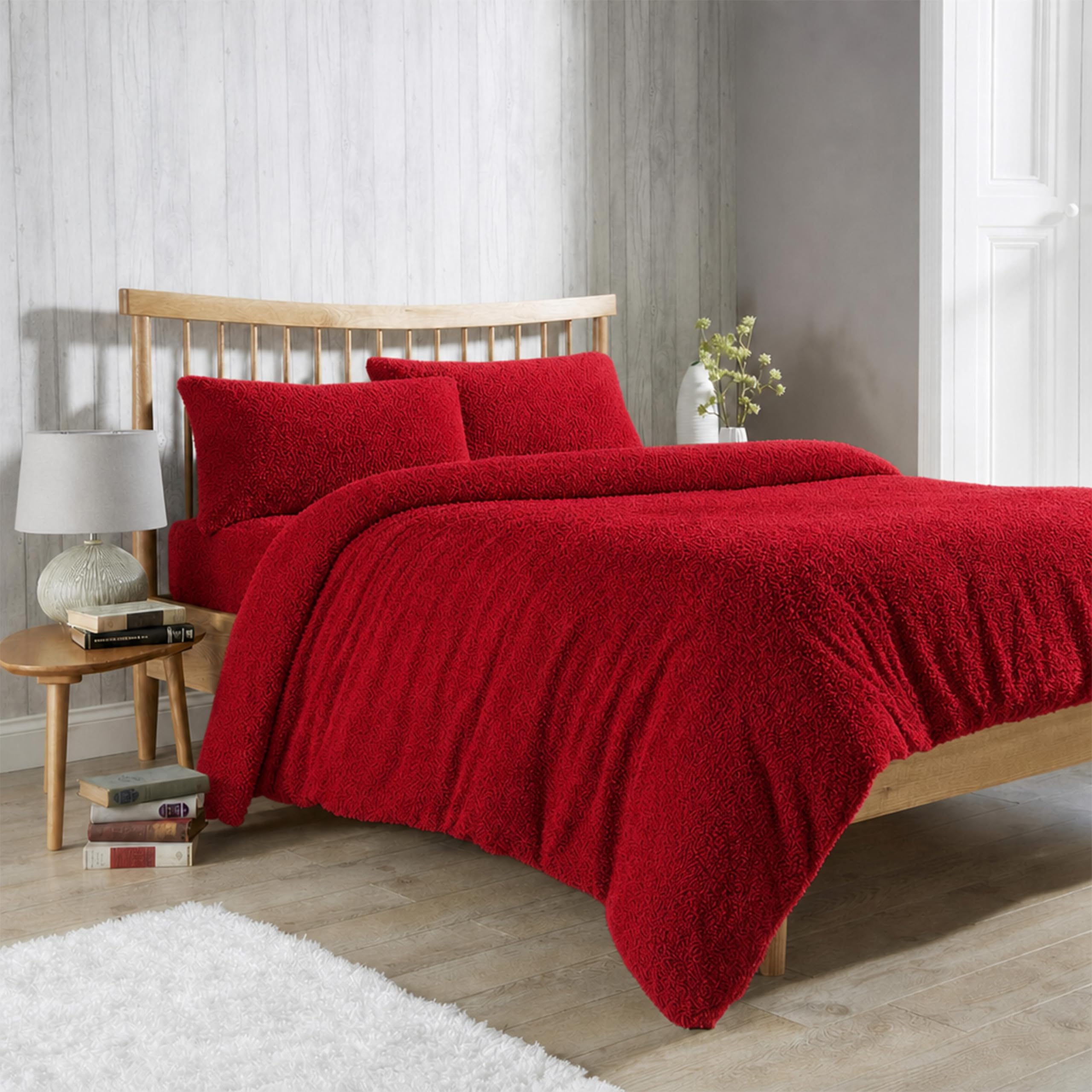Olivia Rocco Teddy Fleece Duvet Cover Set Super Soft Warm Cosy Quilt Covers Bedding Sets With Pillowcases (Red, Super King)