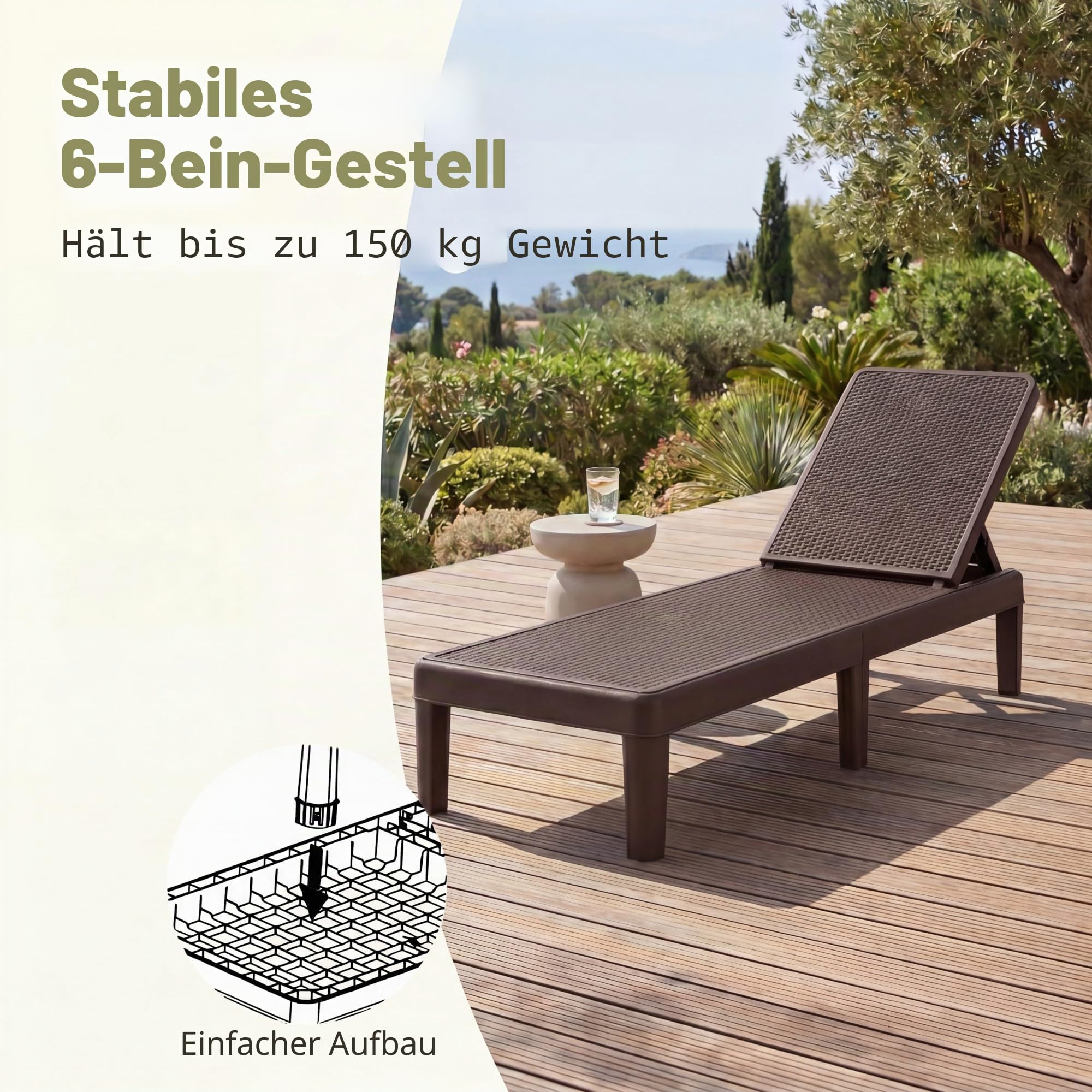 LIFEZEAL Sonnenliege Rattan, Gartenliege mit 4-Fach Verstellbarer Rücklehne, Liegestuhl Relaxliege mit Rattan-Optik, Strandliege bis zu 150 kg, Lounge Sessel Outdoor für Balkon, Garten (Braun)