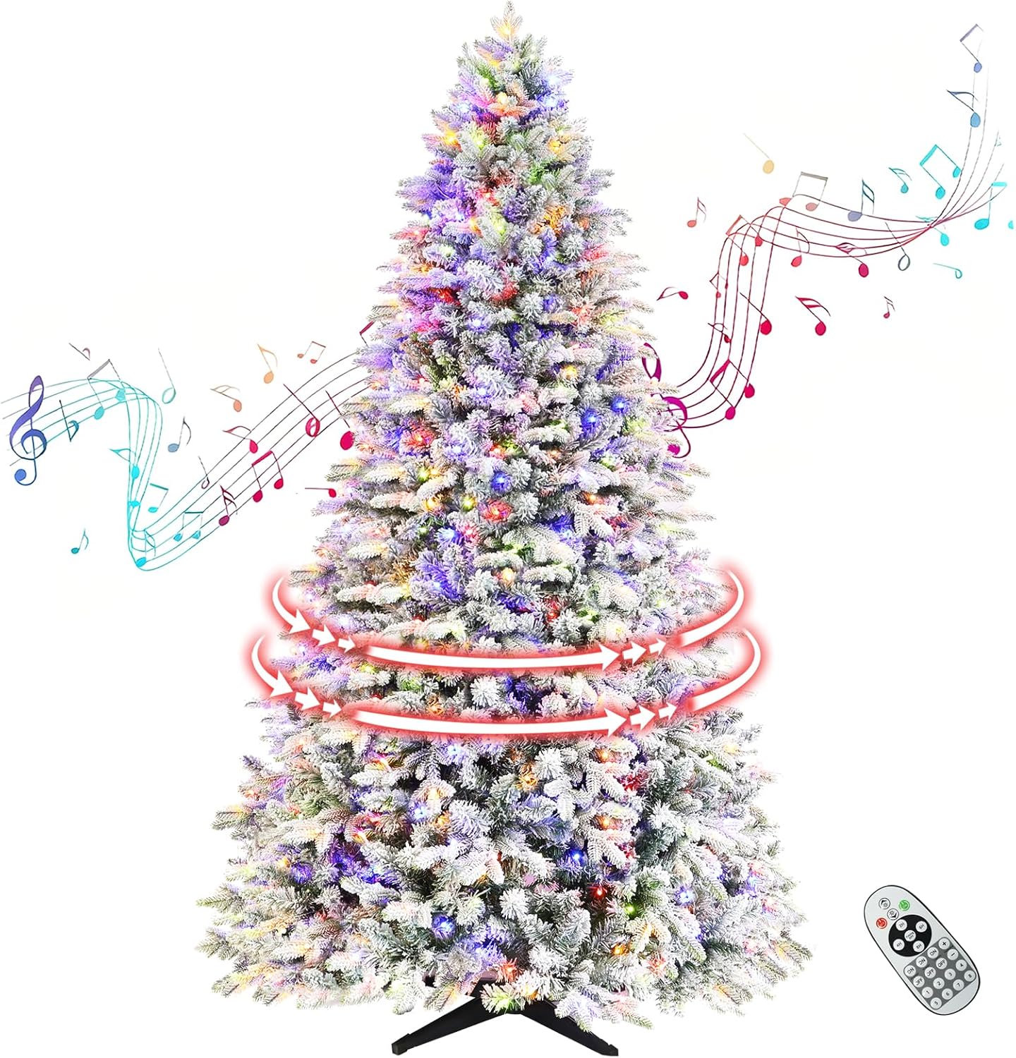 Rotating Flocked Christmas Tree 7ft - Prelit Musical Artificial Xmas Tree with Remote Control, 1220 PE & PVC Mixed Tips, 8 Modes 380 Multicolor LED Lights for Holiday Decor