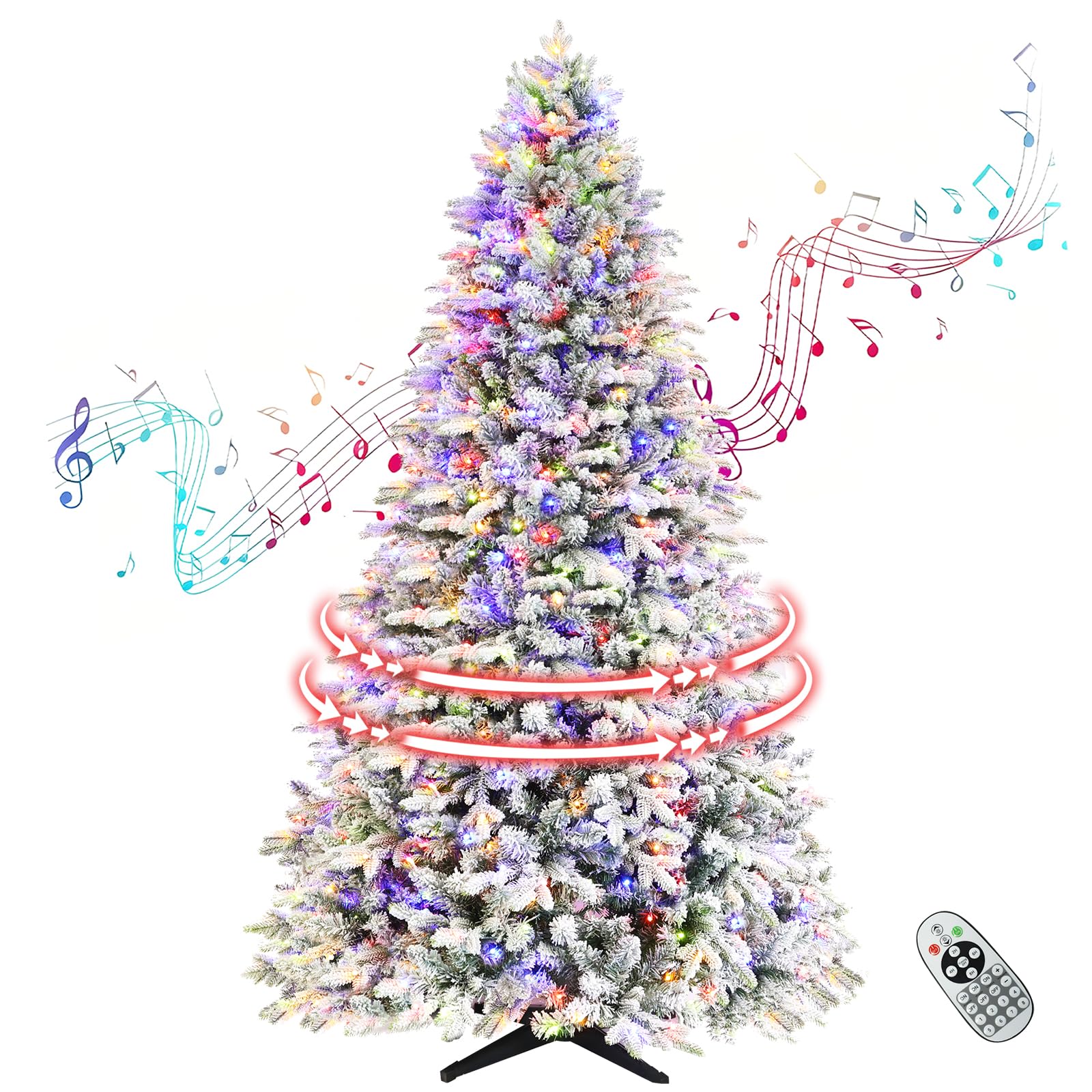 VINCONLIDY Rotating Flocked Christmas Tree 6.5ft - Prelit Musical Artificial Xmas Tree with Remote Control, 1036 PE & PVC Mixed Tips, 8 Modes 330 Multicolor LED Lights for Holiday Decor
