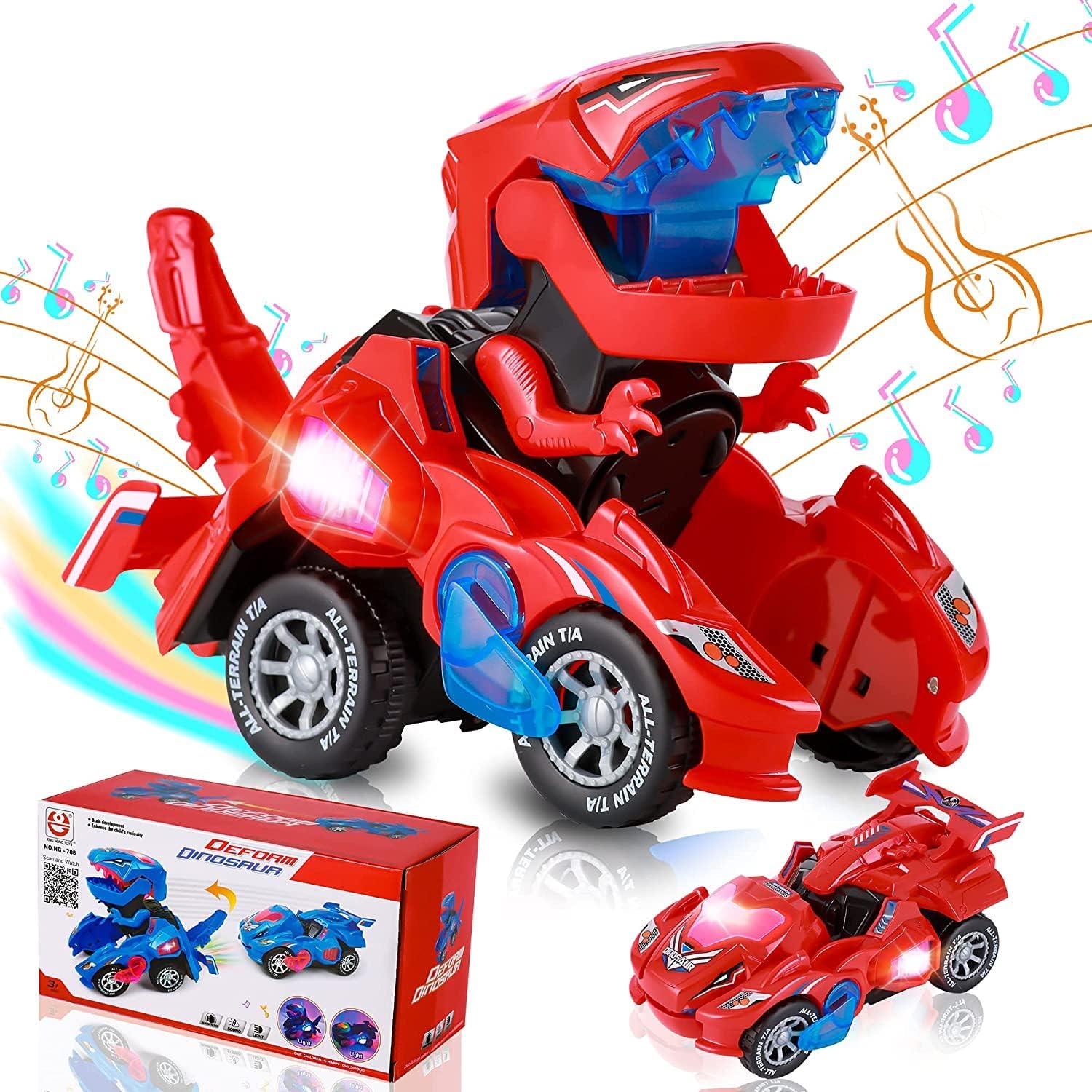 Toddler Boy Toys Toys for 1 2 3 4 5 6 Year Old Boys,Transforming Dinosaur LED Cars Toy with Light and Music, 2 in 1 Automatic Dinosaur Transform Car Toy, Dinosaur Transformer Toy for Kids