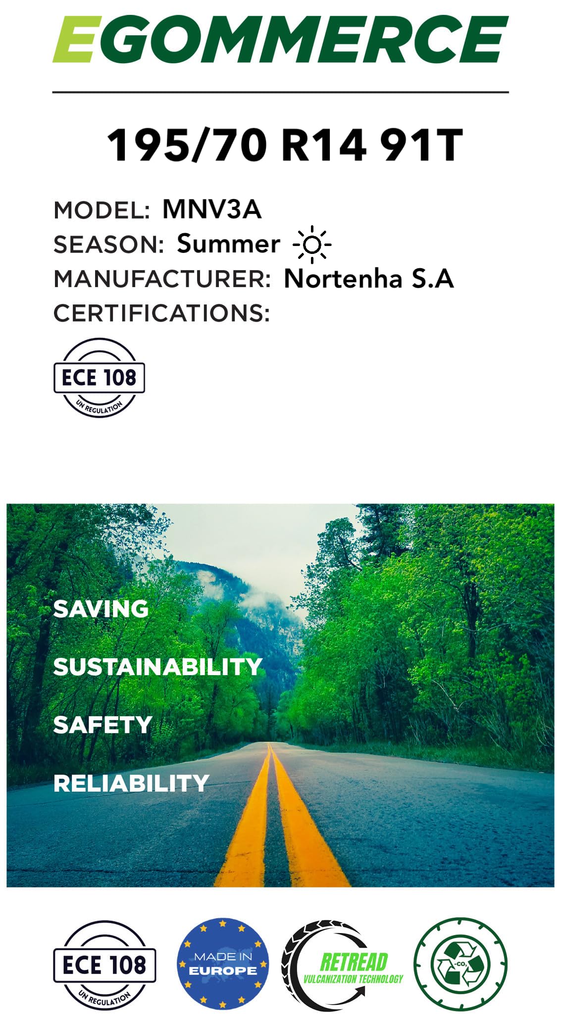 Pneu Été MNV3A 195/70R14 91T - Pneu Voiture Certifié pour Saison d'Été, Pneus Voiture Ete - Pneumatique pour Saison Estivale Ecofriendly - Pneumatiques avec Garantie 2 Ans