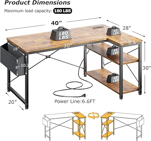 Miniatura 3 de EnHomee Escritorio pequeño para computadora con estantes de almacenamiento y bolsa lateral, escritorio de juegos en forma de L de 40 pulgadas con