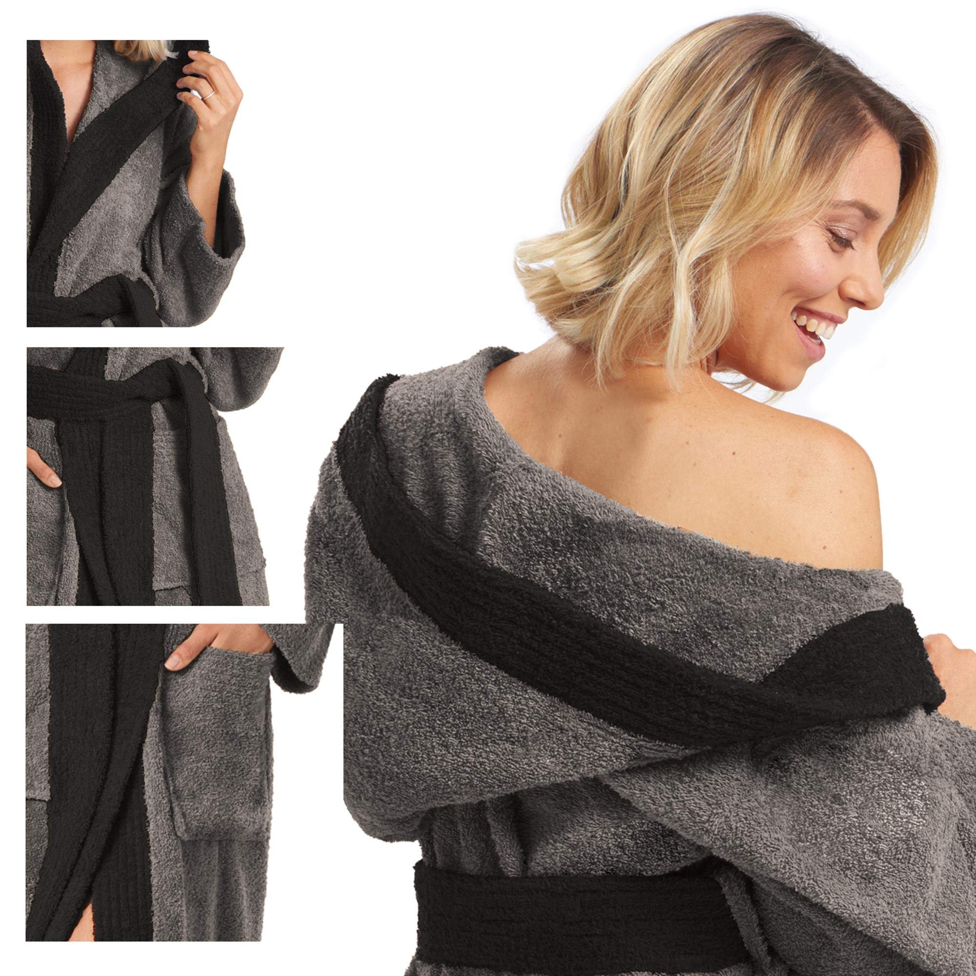 aqua-textil Föhr Accappatoio con Cappuccio A Tinta Unita Lungo Tasche Applicate Cuciture Decorative Donna Uomo Unisex Puro Cotone