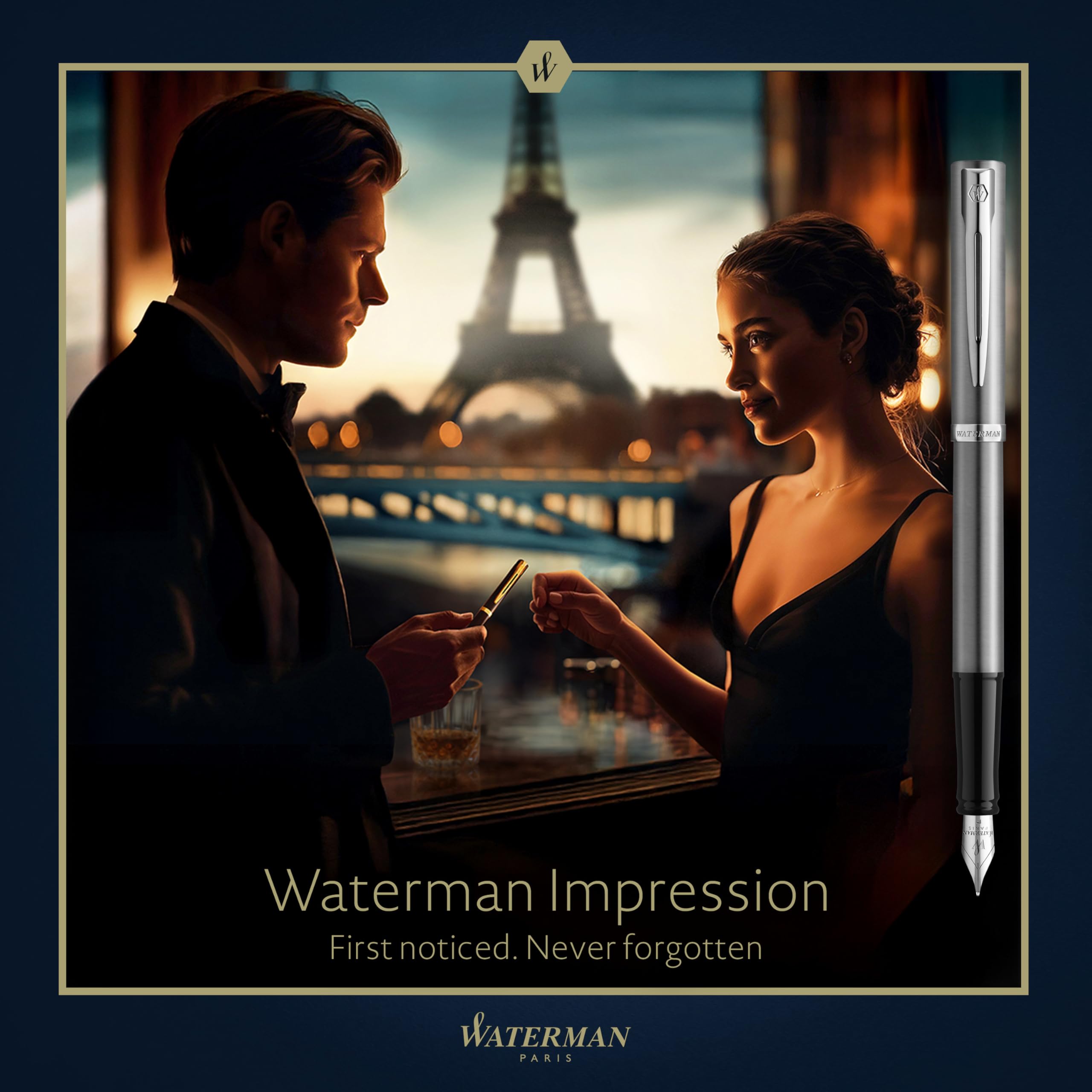 Waterman Impression Fountain Pen | Stainless Steel with Chrome Trim | Fine Nib | Blue Ink | Gift Box - Image 2