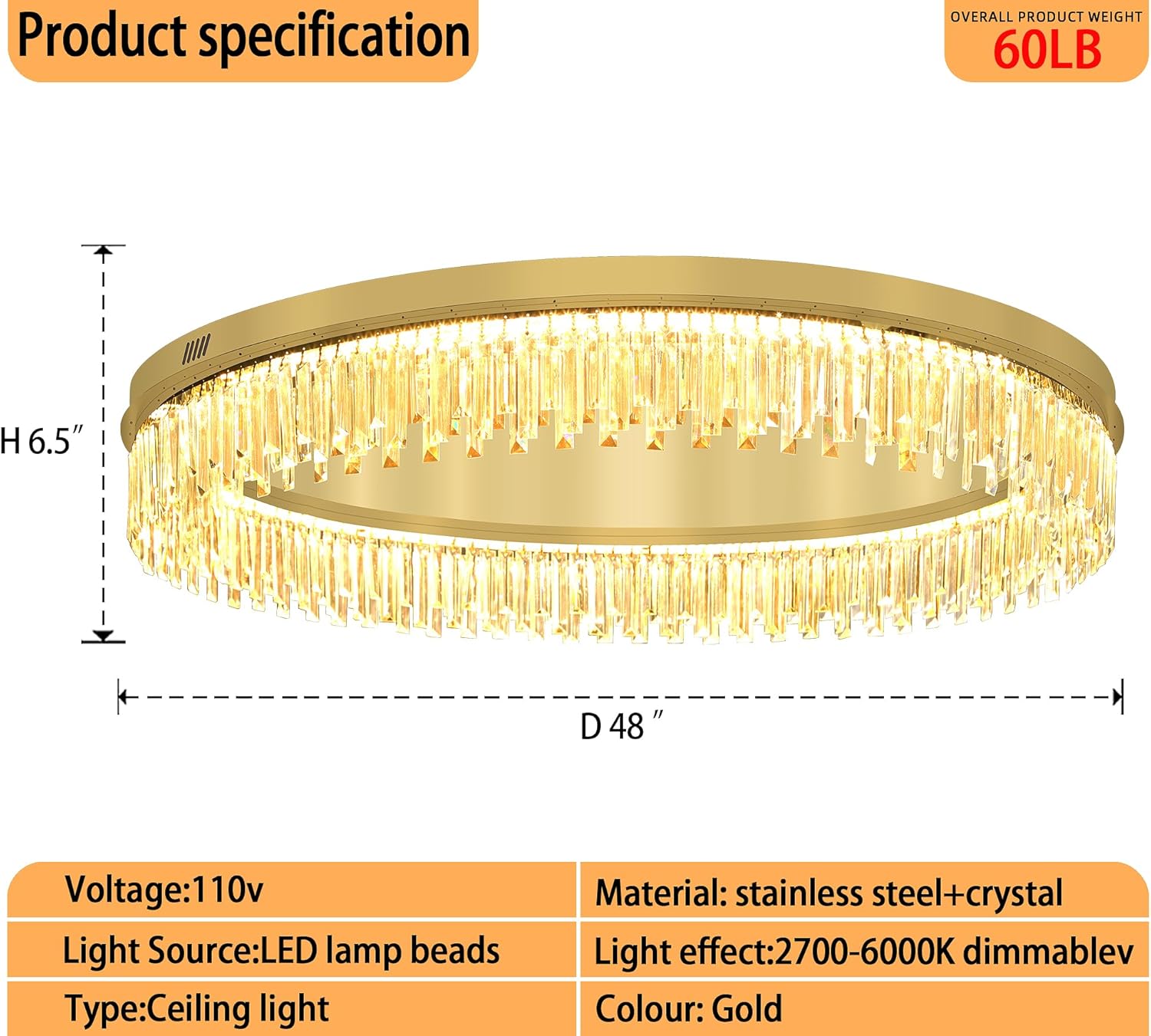 Modern Large Round Crystal Chandelier for Living Room Flush Mount Ceiling Light for Dining Room Gold 48in