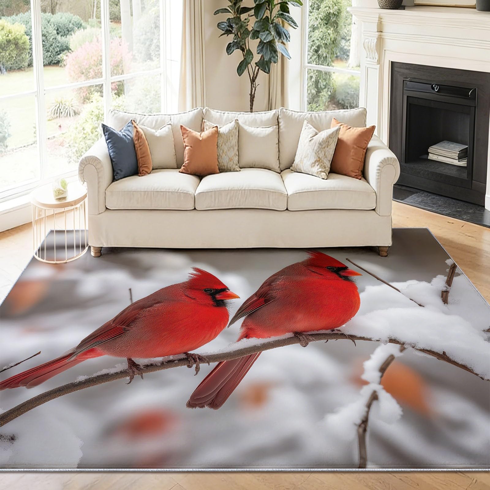 Zmywalna mata, antypoślizgowa, natura śnieg gałęzie ptaków dywan nie gubi sierści, 120 x 170 cm, lekki i odporny na blaknięcie, do przedpokoju, przedpokoju, salonu, czerwony