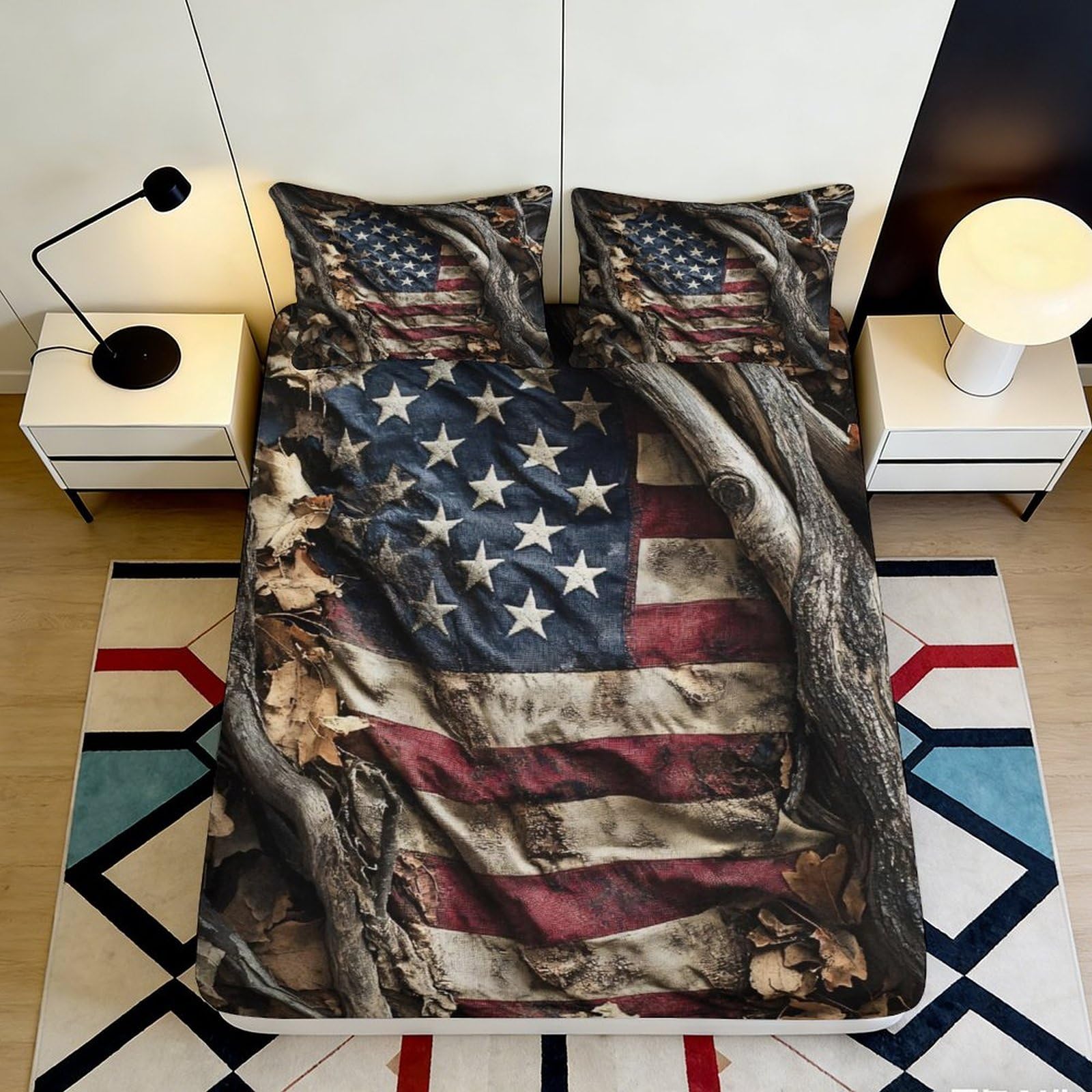 3D Printed American Flag Fitted Sheet Microfiber Soft Breathable Bald Eagle Bed Cover for Bedroom Guestroom Decor 90x200x25cm